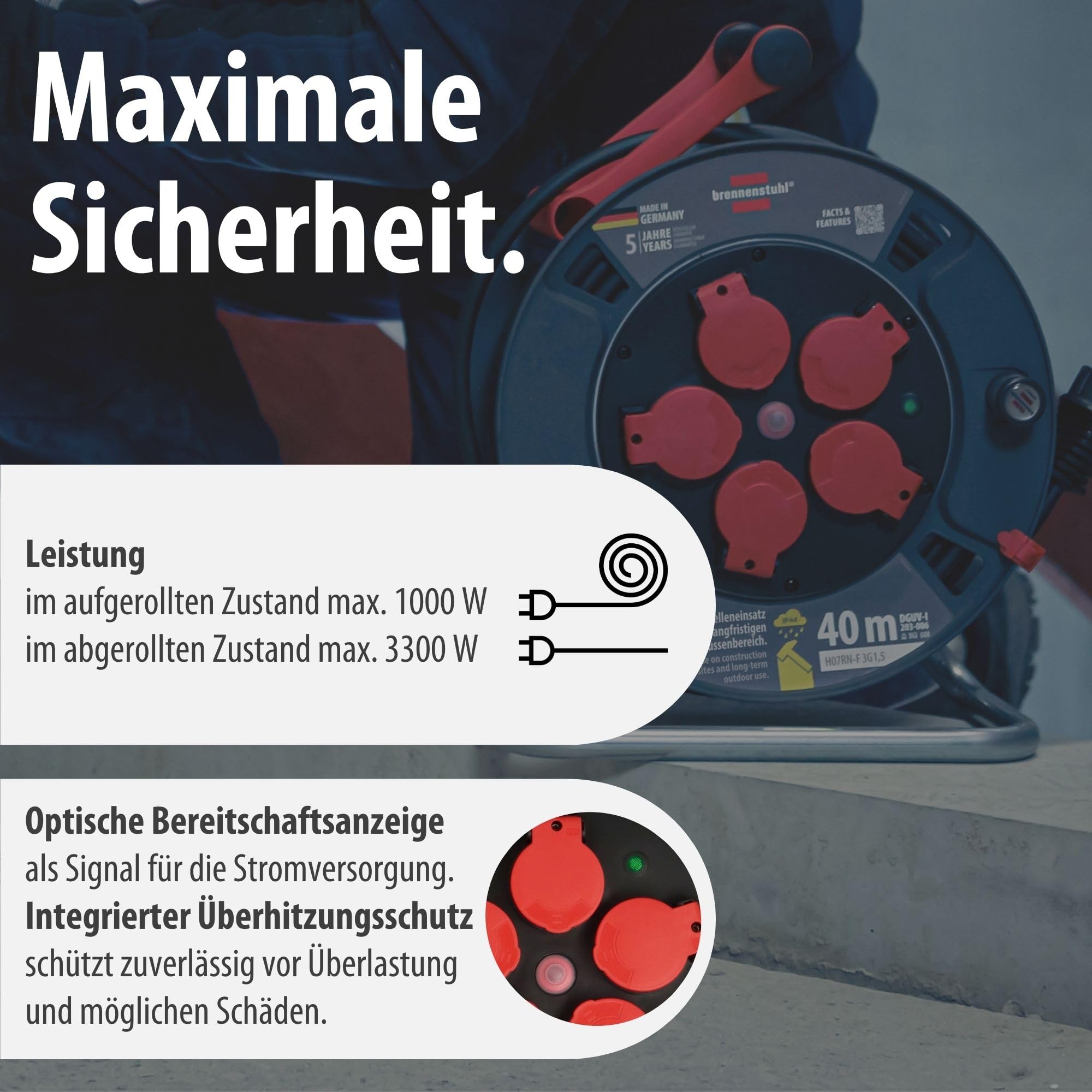 Brennenstuhl Professional Kabeltrommel 300 KU 4100 (40m Kabel in schwarz, aus Spezialkunststoff, Baustelleneinsatz und ständiger Einsatz im Außenbereich, Made in Germany)