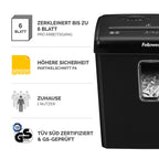 Fellowes Aktenvernichter 6 Blatt Partikelschnitt (P4), Papierschredder für Zuhause und Homeoffice, Powershred FS-6C, Schredder mit 15L Papierkorb, verarbeitet Kreditkarten, Heftklammern, schwarz