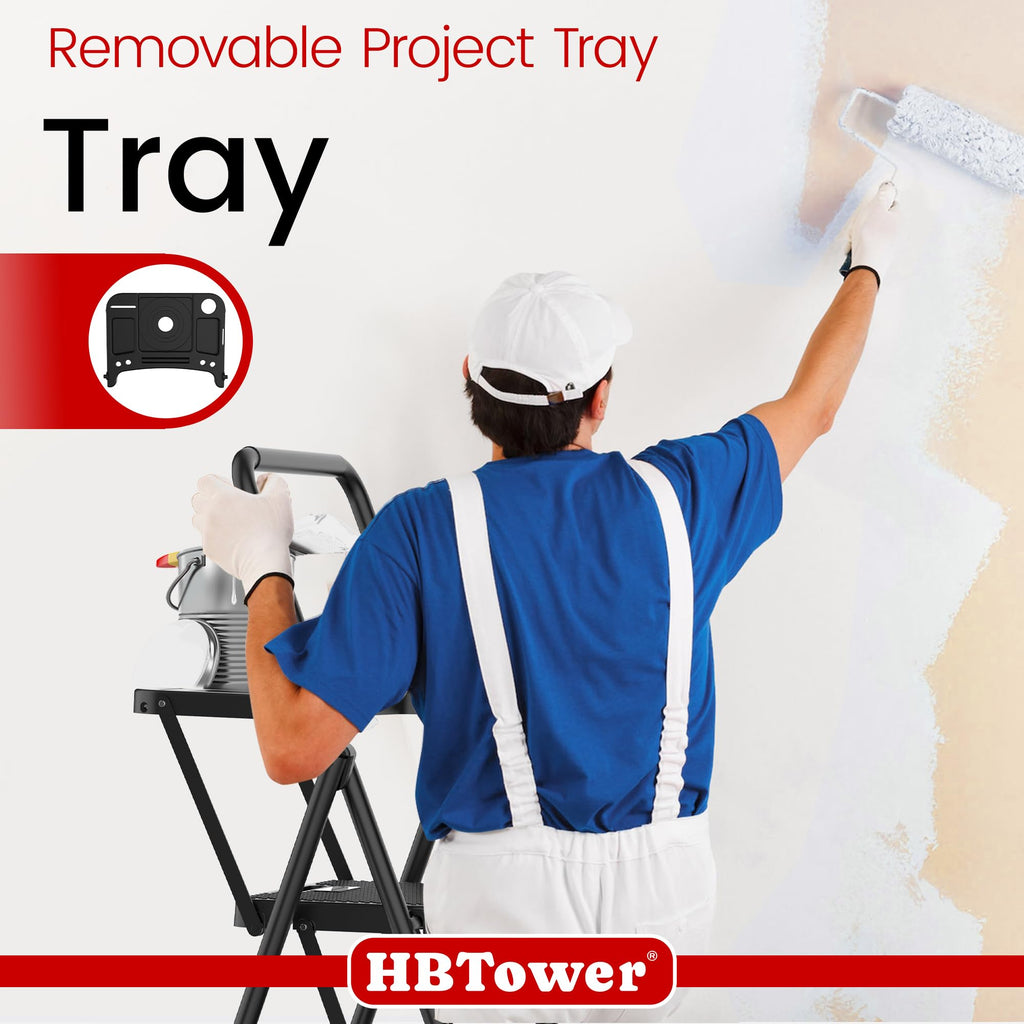 HBTower Trittleiter 4 Stufen klappbar, Leiter mit Breitem Anti-Rutsch-Pedal, Trittleiter mit Bequemer Handlauf, Tragbarer Tritthocker aus Stahl, Schwarz