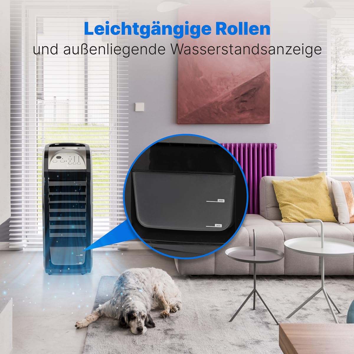 Clatronic 3in1 Luftkühler, Luftentfeuchter und Luftreiniger, 3 Stufen, 8 Std. Timer, inkl. Fernbedienung, 4,5 Liter Wassertank, 90° oszillierend, 4 Rollen, 70 Watt, LK 3742 schwarz