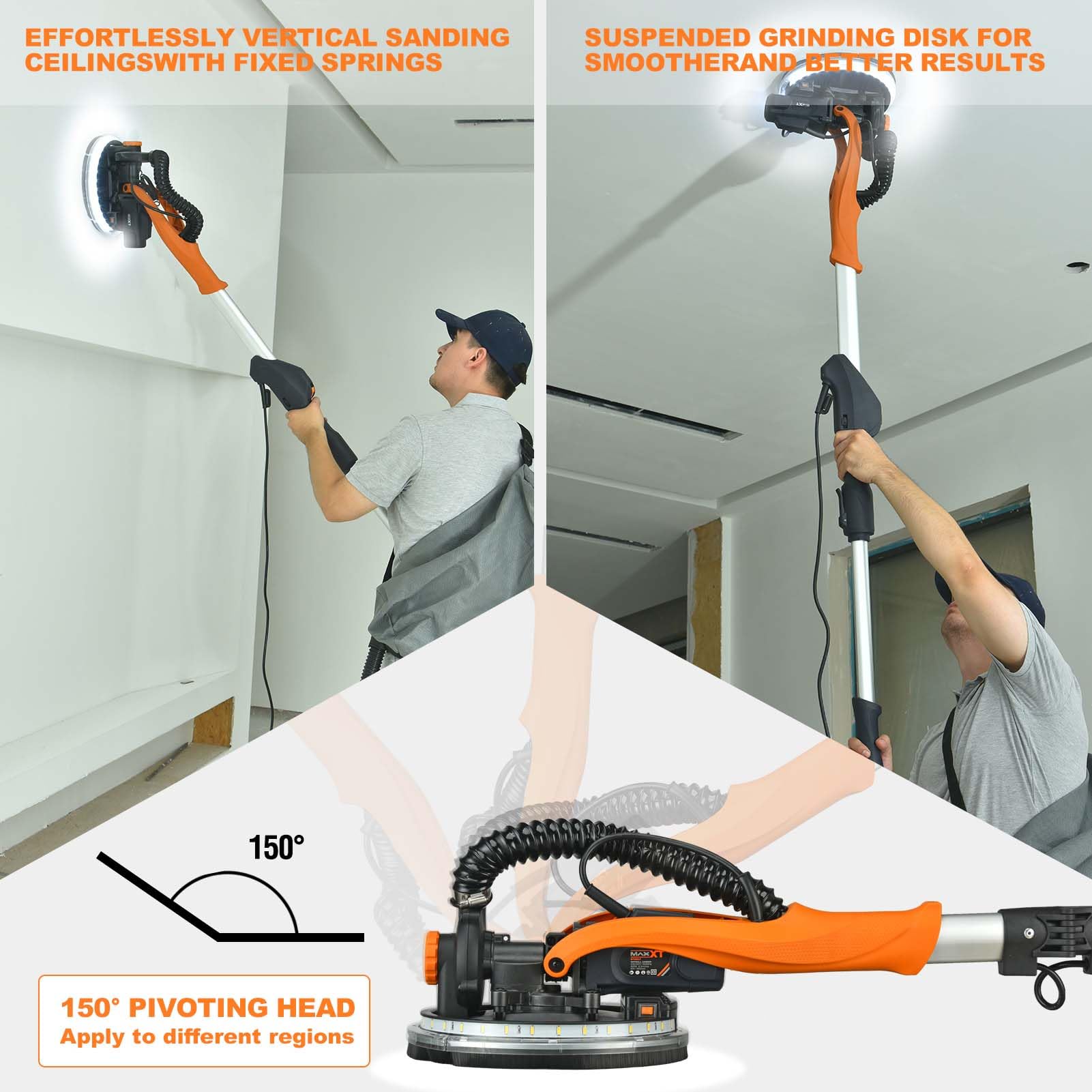 MAXXT 820W Trockenbauschleifer mit Ring-LED-Beleuchtung | Klappgriff + Verlängerungsrohr(bis 165cm) | 215mm Schleifplatte & 225mm Schleifpapier | 600-1900 U/min | six dust bag