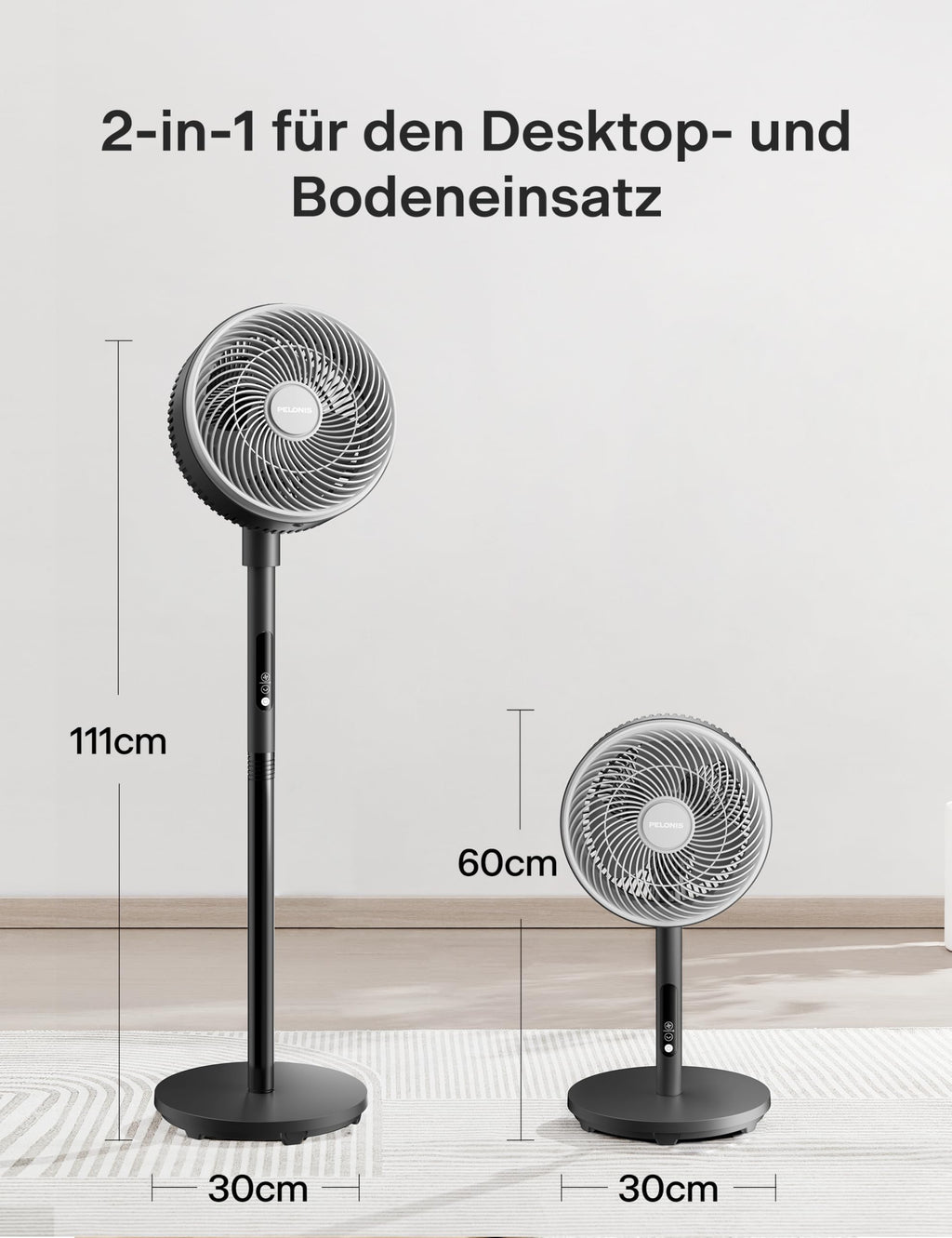 PELONIS Standventilator mit Fernbedienung Touch Display 3D Zirkulation 36.5dB Leise 10m Luftstrom Höhenverstellbar 60/111cm 4 Stufen mit Timer, Abnehmbarer Schutzgitter Rotationslüfter