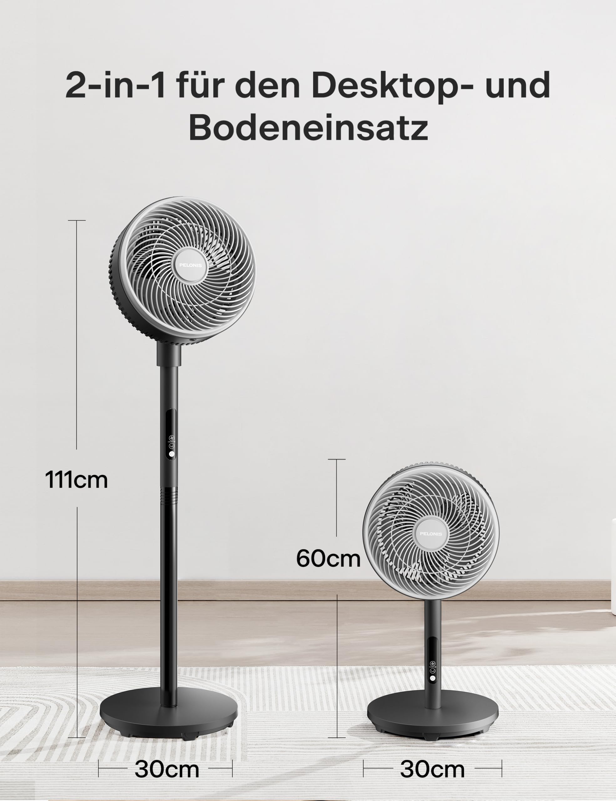PELONIS Standventilator mit Fernbedienung Touch Display 3D Zirkulation 36.5dB Leise 10m Luftstrom Höhenverstellbar 60/111cm 4 Stufen mit Timer, Abnehmbarer Schutzgitter Rotationslüfter