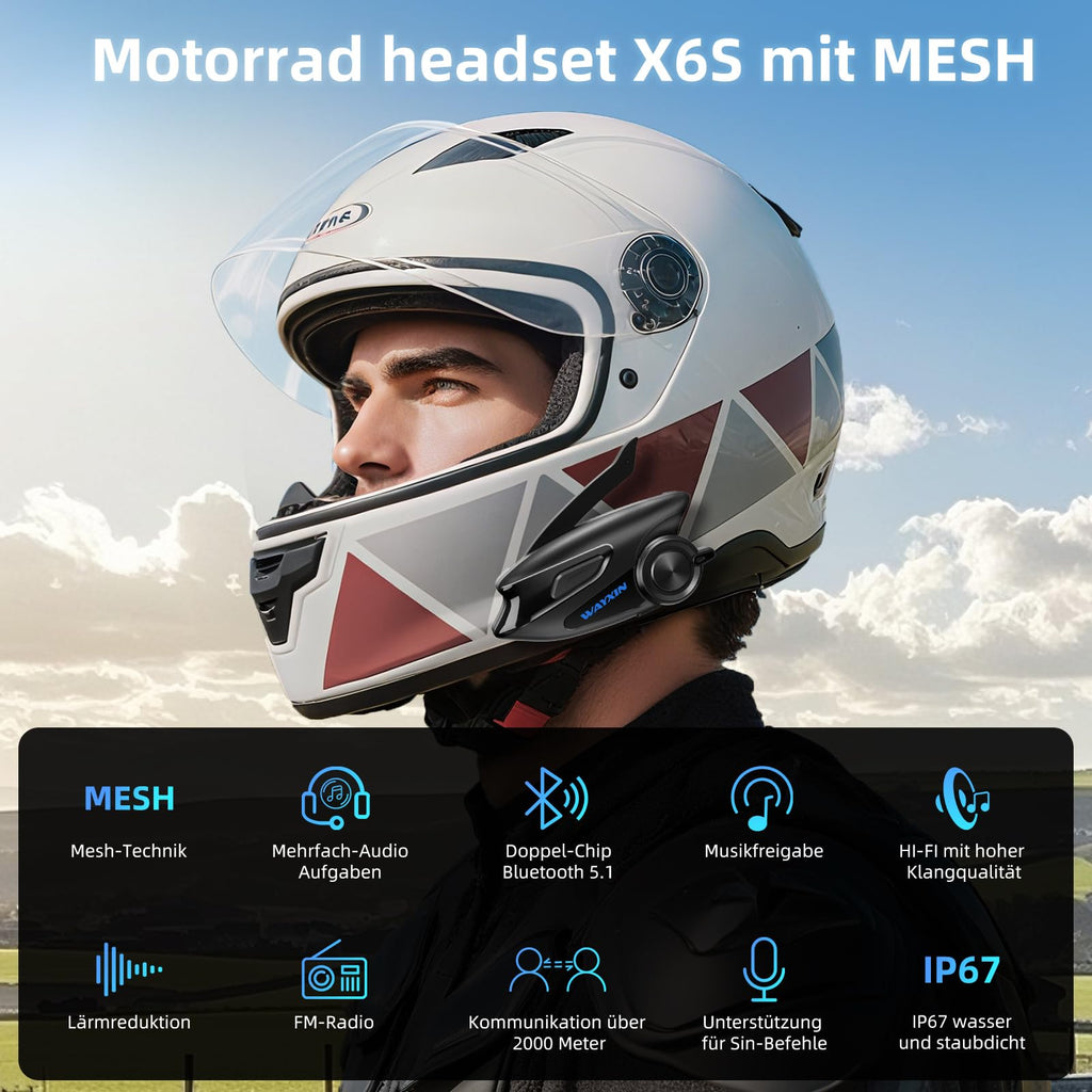WAYXIN X6S Motorrad Intercom,integriertem Mesh Intercom System, Dual-Chip für Audio-Multitasking Kopfhörer,Helm Headset für bis zu 8 Motorräder,mit HiFi/Musik Teilen/FM/AI Sprache (Schwarz-2pcs)