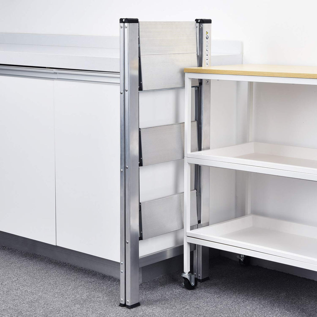 KINGRACK Stufenleiter, Trittleiter Stufen, Klapptrittleiter mit Handlauf, rutschfeste Haushaltsleiter mit Klappsicherung, Aluminium Tritthocker (3 Stufen, Silber)