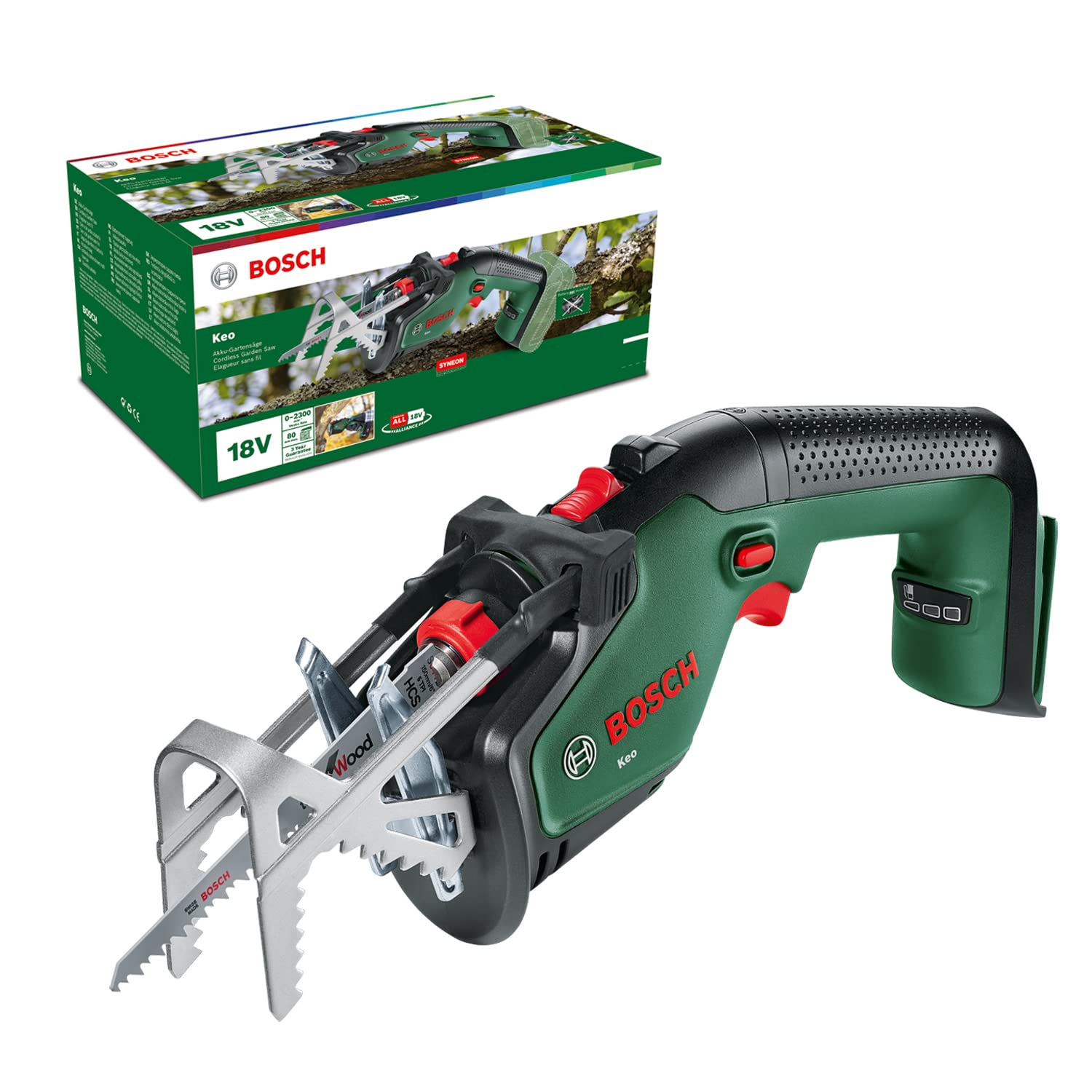 Bosch Akku-Gartensäge/Säbelsäge/Reciprosäge (ohne Akku, 18-Volt-System, Schneidekapazität 80 mm, mit Schweizer Präzisionssägeblatt für Holz, im Karton)