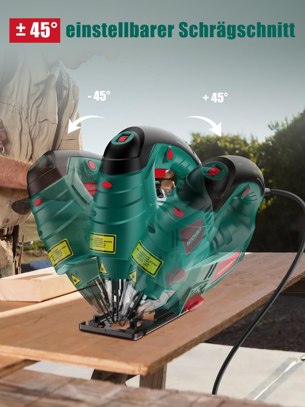 HYCHIKA Stichsäge, 800W Max Holz Schnitttiefe 110mm, 800-3000SPM Elektrische Stichsäge mit Laser, 7 Variable Geschwindigkeiten und 0-3 Orbital Position, 6 Blätter, Fasenschneiden: -45 °bis 45