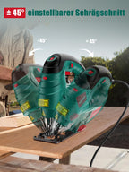 HYCHIKA Stichsäge, 800W Max Holz Schnitttiefe 110mm, 800-3000SPM Elektrische Stichsäge mit Laser, 7 Variable Geschwindigkeiten und 0-3 Orbital Position, 6 Blätter, Fasenschneiden: -45 °bis 45