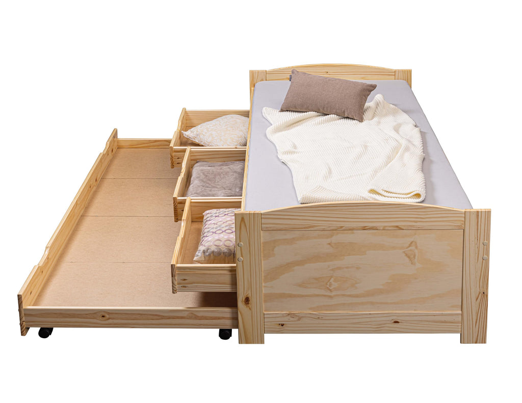Inter Link - Funktionsbett - Kinderbett - Einzelbett mit Stauraum - Bett mit Schubladen - 2 Liegeflächen 90x200cm - Kiefer massivholz - inkl. Lattenrost - Natur lackiert - Marinella 90x200cm