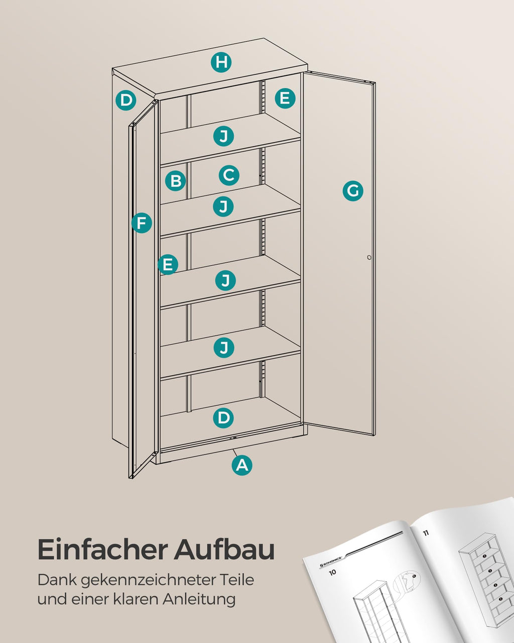 SONGMICS Aktenschrank, Mehrzweckschrank, Aufbewahrungsschrank, 5 Ebenen, 40 x 60 x 180 cm, Doppeltüren, Schloss, Werkzeug, verstellbare Ablagen, Garage, Büro, Wohnzimmer, mattweiß OMC014W01