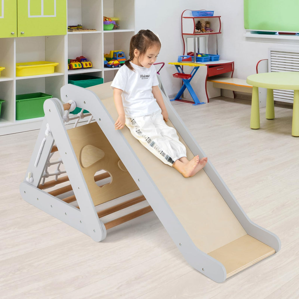 COSTWAY 4 in 1 Kletterdreieck mit Rutsche, Klettergerüst aus Holz, Sprossendreieck zum Rutschen und Klettern, für Kinder ab 1 Jahre (Grau)