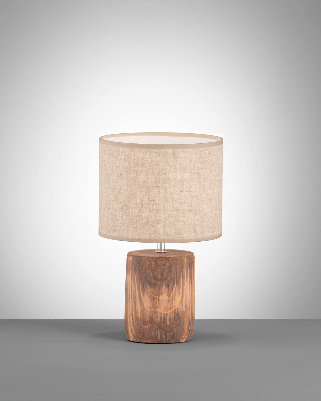 Fischer & Honsel Tischleuchte Malik, Betonlampe in Holzoptik mit Stoff-Lampenschirm & Schnurschalter, Beton in Holzfarben & Leinen in Sandfarben, Höhe 35cm, Durchmesser 20 cm