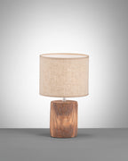 Fischer & Honsel Tischleuchte Malik, Betonlampe in Holzoptik mit Stoff-Lampenschirm & Schnurschalter, Beton in Holzfarben & Leinen in Sandfarben, Höhe 35cm, Durchmesser 20 cm