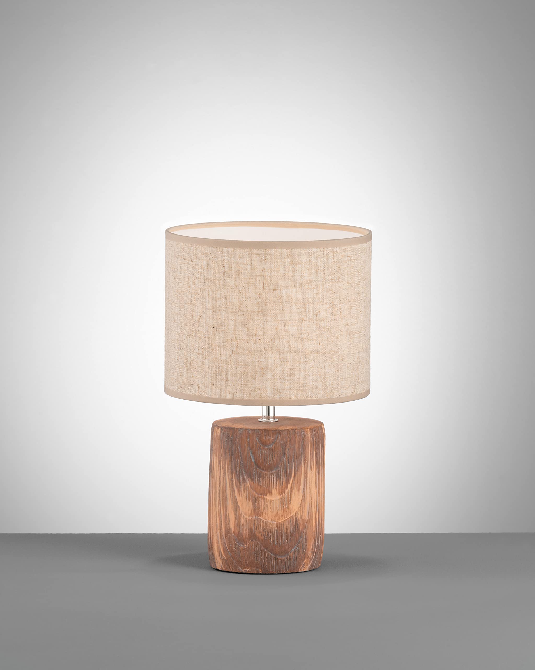 Fischer & Honsel Tischleuchte Malik, Betonlampe in Holzoptik mit Stoff-Lampenschirm & Schnurschalter, Beton in Holzfarben & Leinen in Sandfarben, Höhe 35cm, Durchmesser 20 cm
