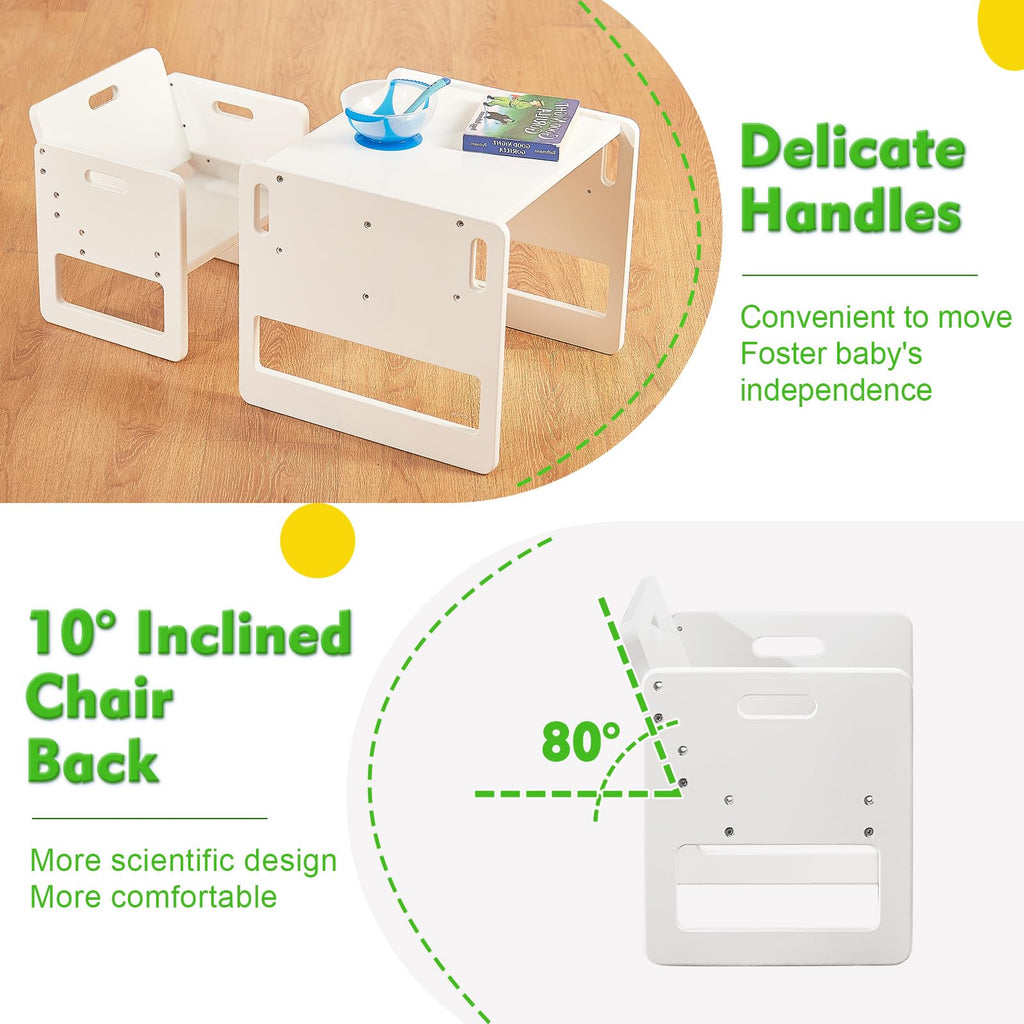 FUNLIO Montessori Beikosttisch und Stuhl-Set für Kleinkinder 1-3 Jahre, höhenverstellbar, Kinder-Tisch und Stuhl zum Lesen/Essen/Spielen, einfach aufzubauen - Weiß