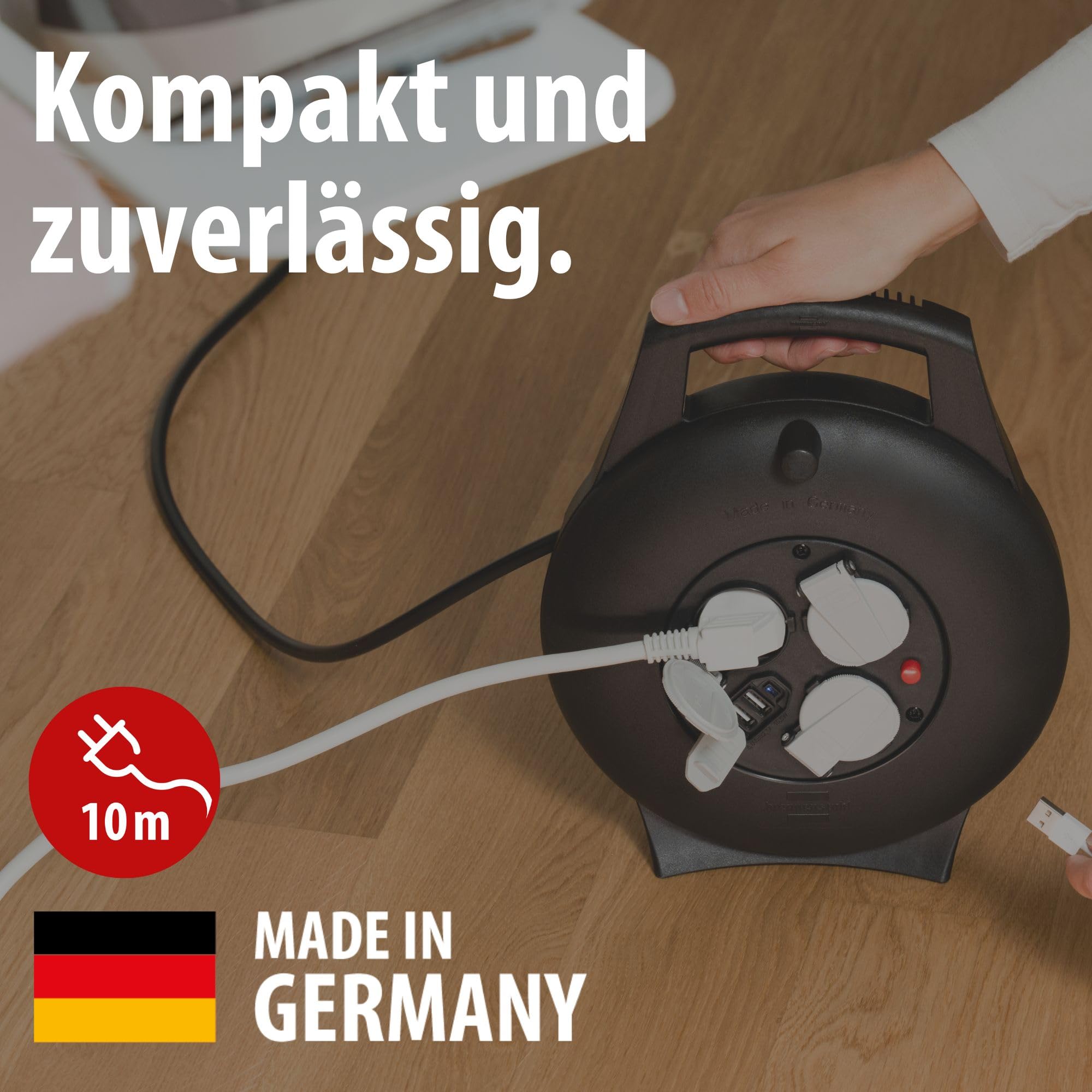 Brennenstuhl Vario Line Kabelbox 3-fach mit USB/Mini-Kabeltrommel für den Innenbereich (Indoor-Kabeltrommel mit USB-Ladefunktion und 10m Kabel, Made in Germany) schwarz