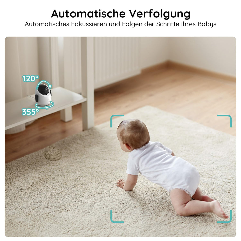 BOIFUN Babyphone mit 2 Kameras, 360 Gard WLAN 2MP Video Babyfon mit App, 4×Zoom, Bewegungsverfolgung, IR Nachtsicht, Weinen/Bewegungs/Geräuscherkennung, Temperaturerkennung