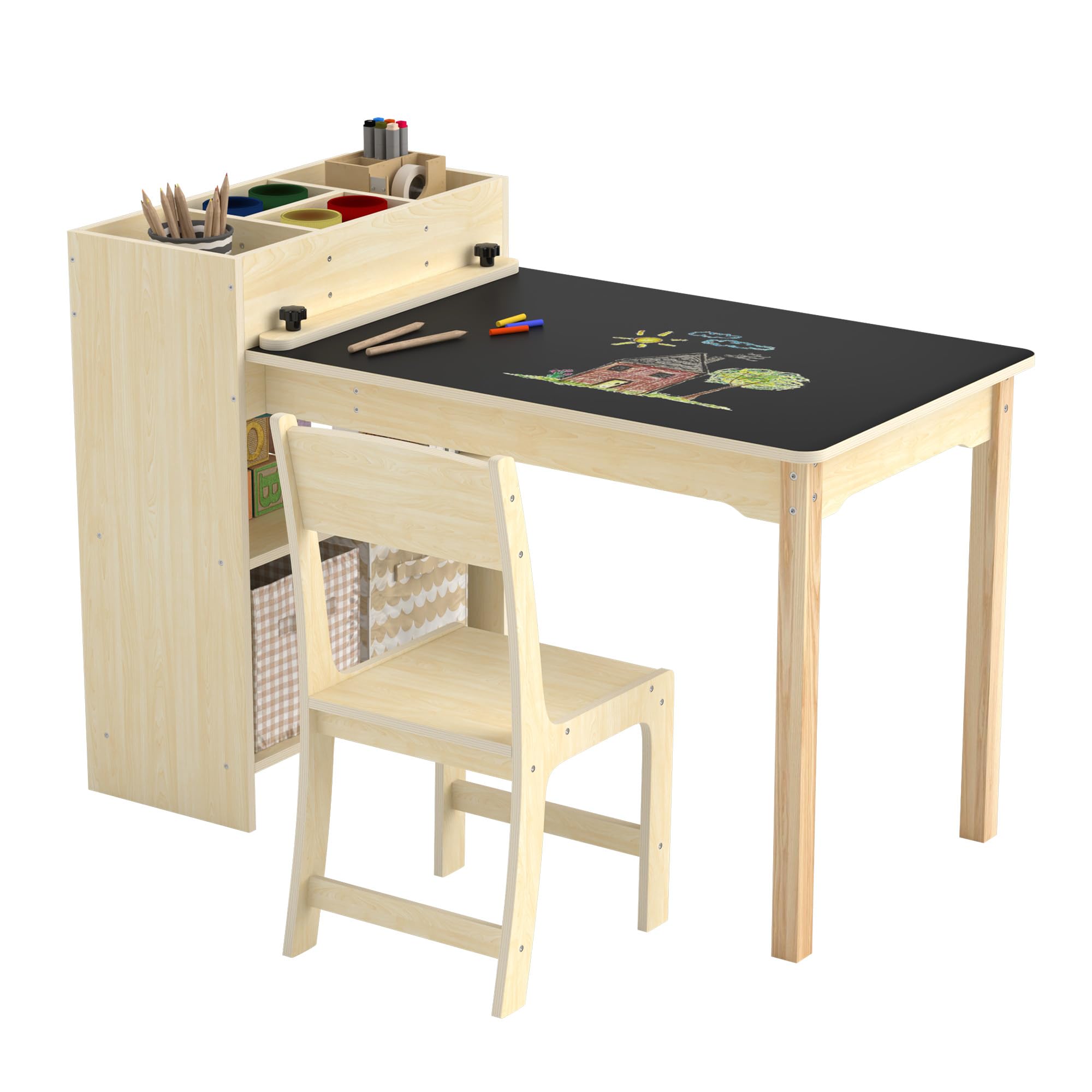 Puecrof Kinder Kreativtisch mit Stuhl aus Massivholz – Multifunktioneller Lern- & Spieltisch mit Stauraum für Kleinkinder ab 12 Monaten | Maltisch für Zuhause mit ergonomischem Kinderstuhl