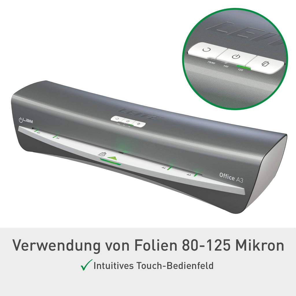 Leitz iLAM Office A3 Laminiergerät, ultraschnelle Aufwärmzeit von 1 Min, für 75-125 mic Folien, Eingabehilfen-LEDs & LED-Status, Anti-Stau, Auto-Abschaltung, inkl 5 Laminierfolien, Grau/Weiß, 72530084