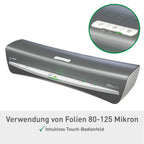 Leitz iLAM Office A3 Laminiergerät, ultraschnelle Aufwärmzeit von 1 Min, für 75-125 mic Folien, Eingabehilfen-LEDs & LED-Status, Anti-Stau, Auto-Abschaltung, inkl 5 Laminierfolien, Grau/Weiß, 72530084