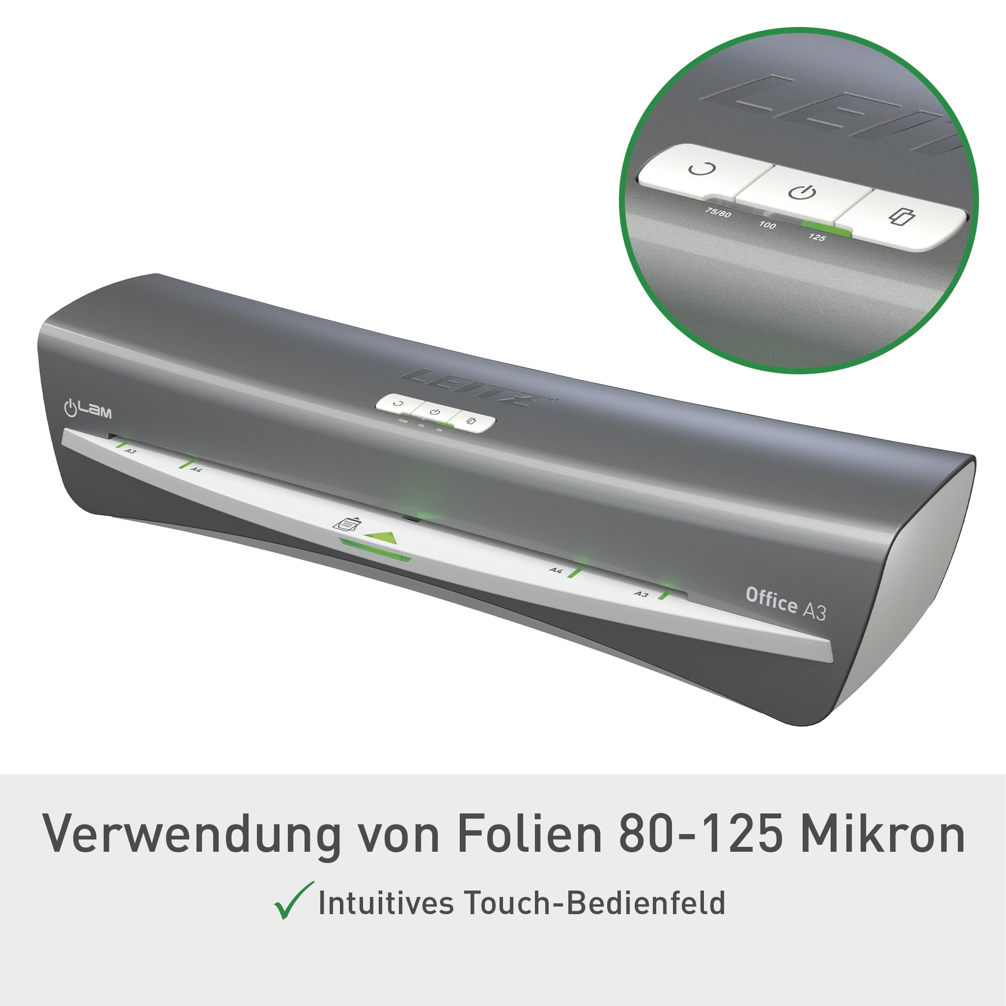 Leitz iLAM Office A3 Laminiergerät, ultraschnelle Aufwärmzeit von 1 Min, für 75-125 mic Folien, Eingabehilfen-LEDs & LED-Status, Anti-Stau, Auto-Abschaltung, inkl 5 Laminierfolien, Grau/Weiß, 72530084