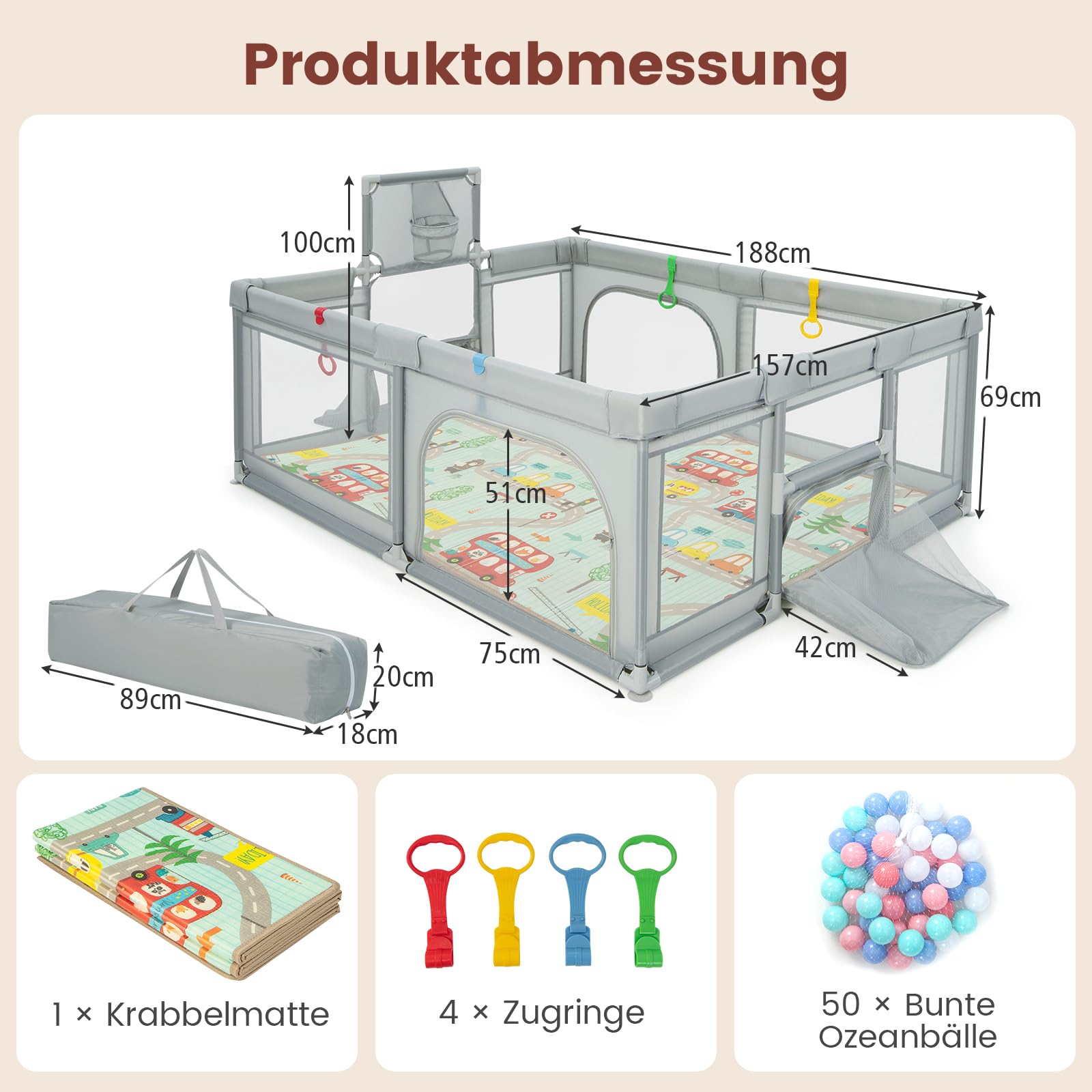 COSTWAY 188 x 157cm Laufstall Baby Faltbar, Laufgitter mit Matratze, Basketballkorb, Fußballnetzen, 50 Spielbällen, Krabbelgitter mit atmungsaktivem Netz, Tragetasche für Kleinkinder (Klein, Hellgrau)