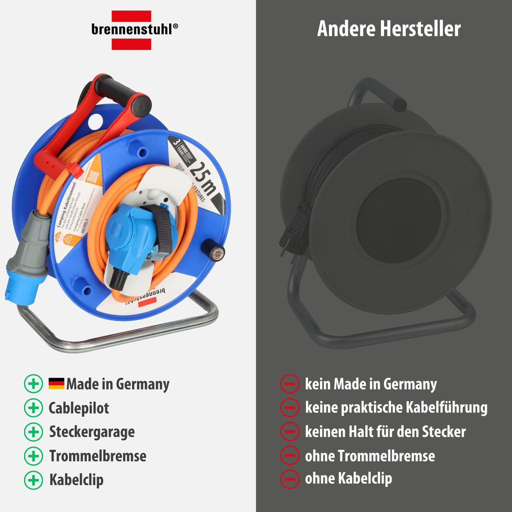 Brennenstuhl Camping-Kabeltrommel / CEE 230V Kabeltrommel 25m (H07RN-F 3G2,5 in orange, CEE-Winkelkupplung inkl. Schutzkontakt-Kombisteckdose, für den ständigen Einsatz außen IP44, Made in Germany)