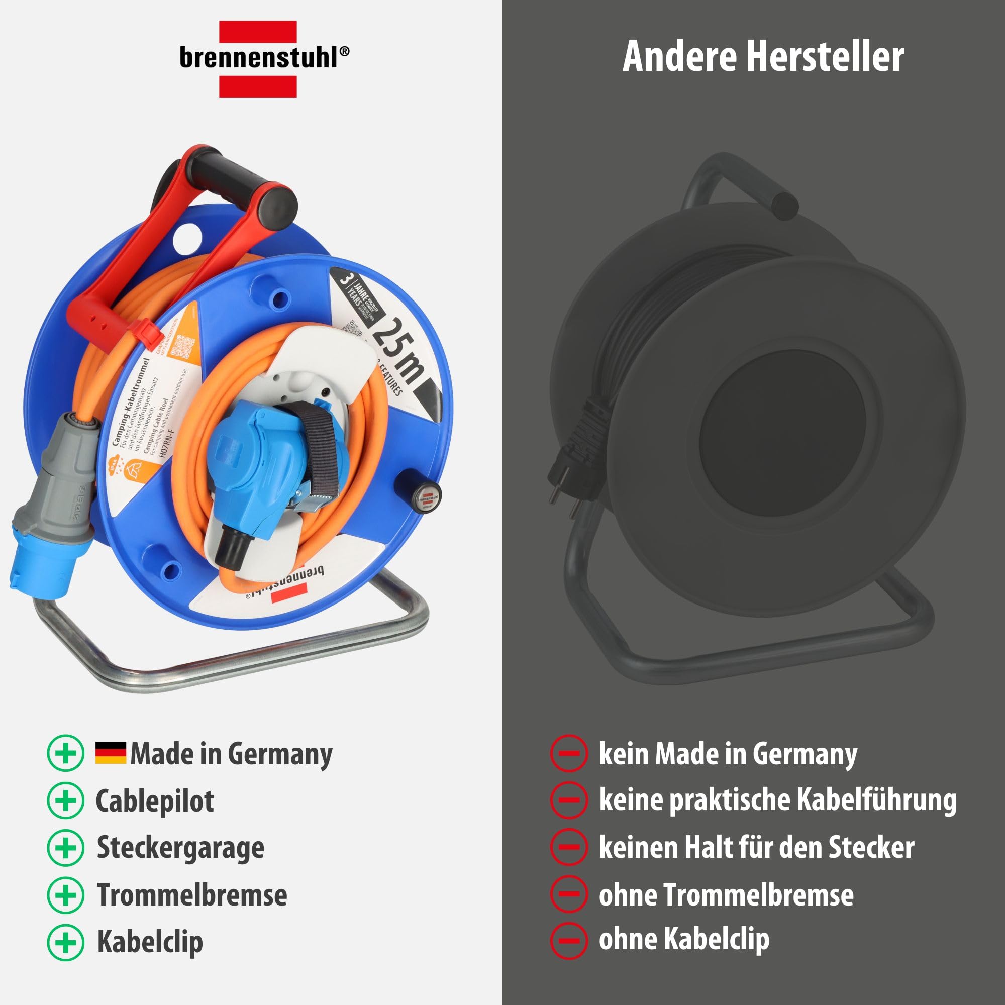 Brennenstuhl Camping-Kabeltrommel / CEE 230V Kabeltrommel 25m (H07RN-F 3G2,5 in orange, CEE-Winkelkupplung inkl. Schutzkontakt-Kombisteckdose, für den ständigen Einsatz außen IP44, Made in Germany)