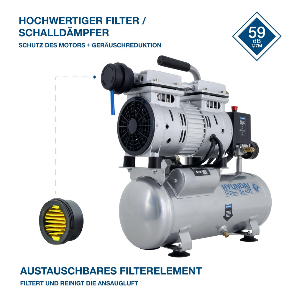 HYUNDAI Silent Kompressor SAC55751 | 6L Kessel, 8bar, ölfrei | 0.55kW / 0.75PS | Ansaugleistung 93 L/Min | klein, kompakt, tragbar | 59dB Luftkompressor leise, Flüster-Kompressor | mit Zubehör