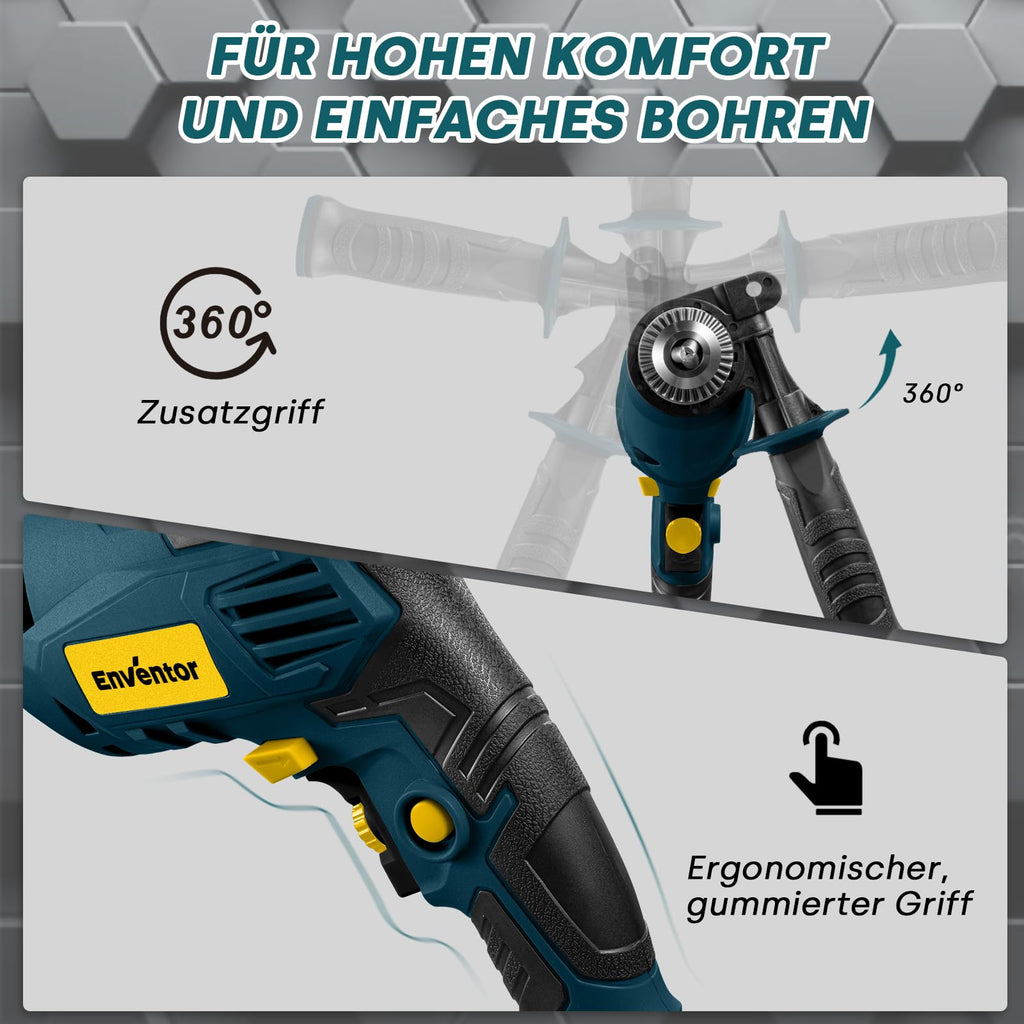 ENVENTOR 900W Schlagbohrmaschine, Elektrische Bohrmaschine mit 36 Stück Zubehör, 2-in-1 Funktion, 0–3000 RPM, 360° Zusatzgriff, 13mm Bohrfutter, für Beton, Metall und Holz