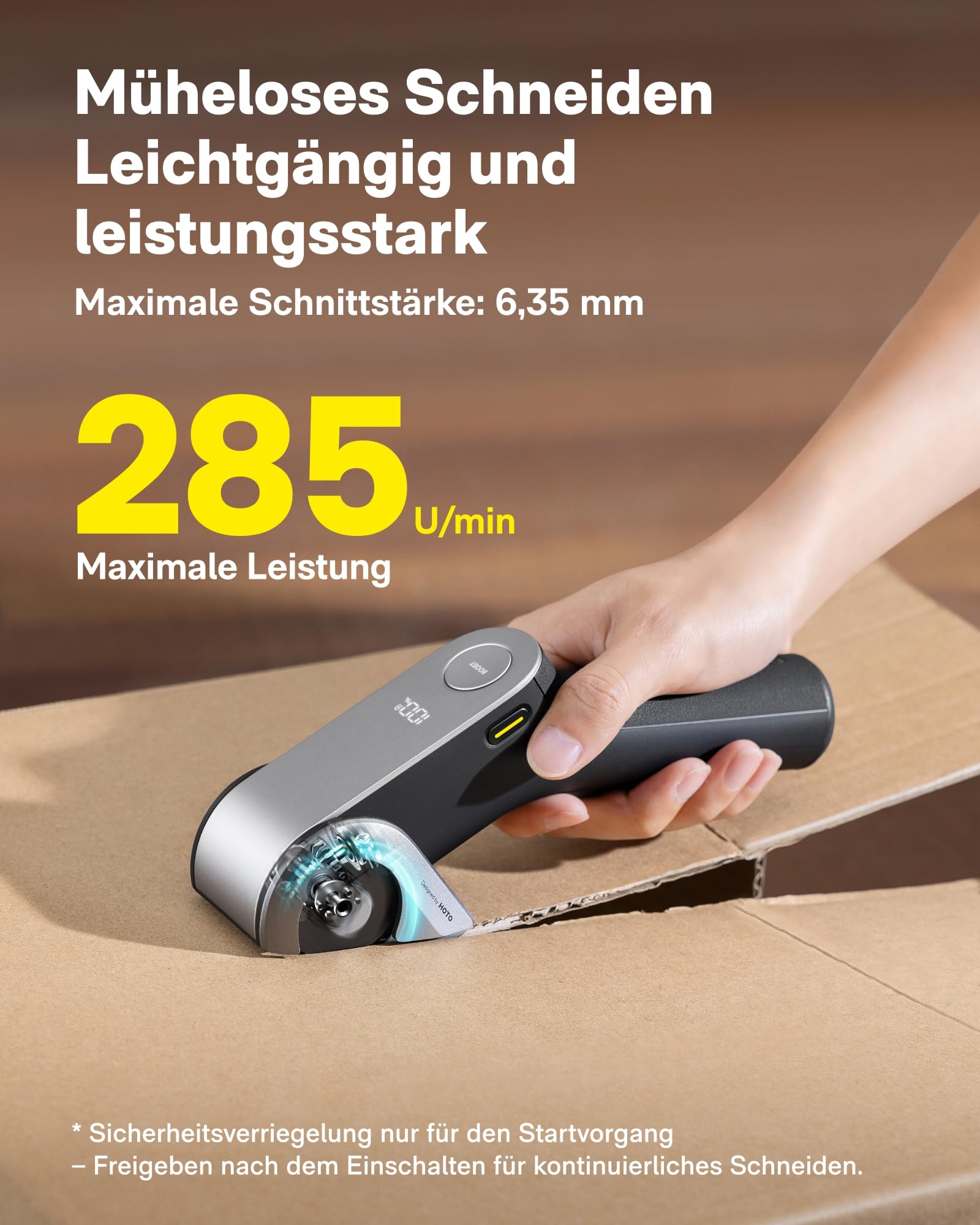 HOTO EdgeFlow Elektrisch Kartonschneider mit Titanklinge & LED-Display, Elektrische Schere, Selbstschleifend & Werkzeugloser Einfacher Klingenaustausch, Sicherheitsriegel für Karton, Teppich, Leder