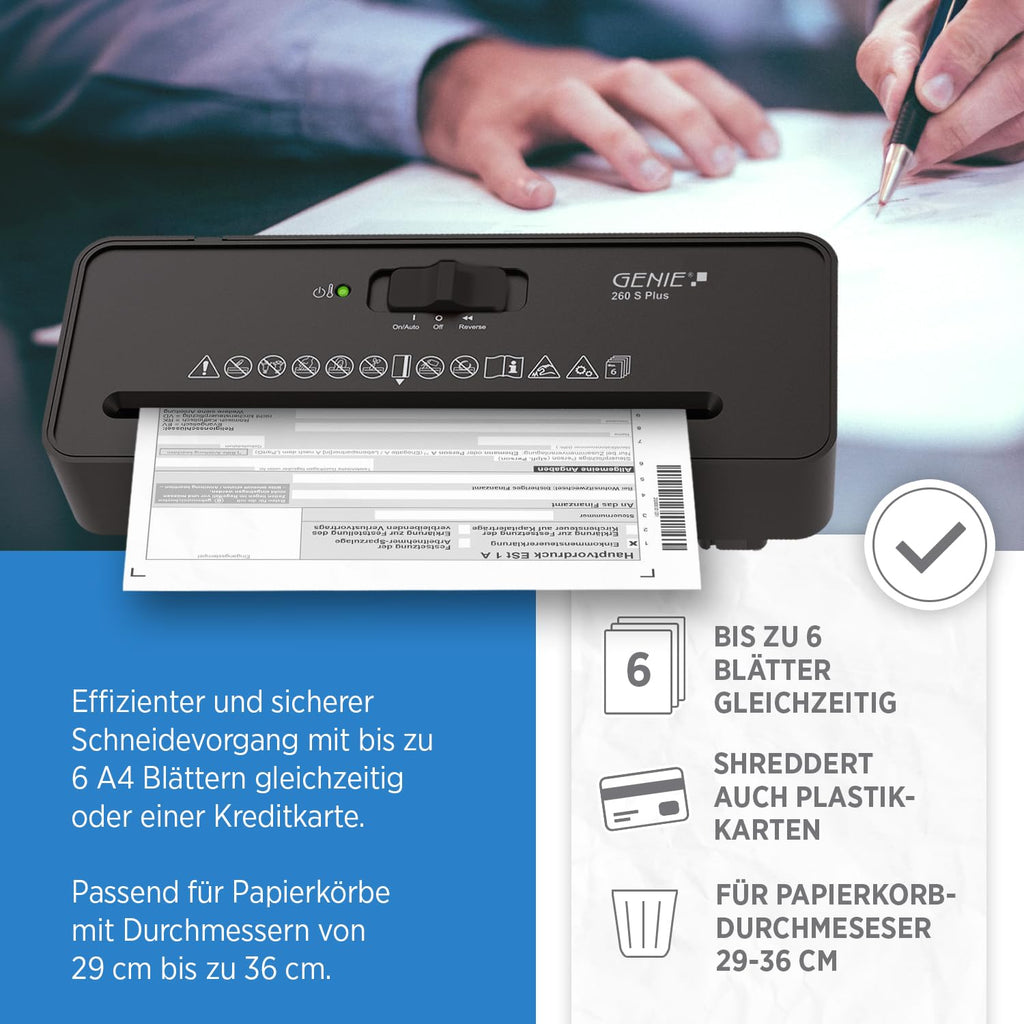 GENIE 260 S Plus Aktenvernichter | Papierschredder mit 6-mm Streifenschnitt | Schredder Aktenvernichter für Zuhause | Shredder Papier kompakt | Mit universal Aufsatz | Paper Shredder