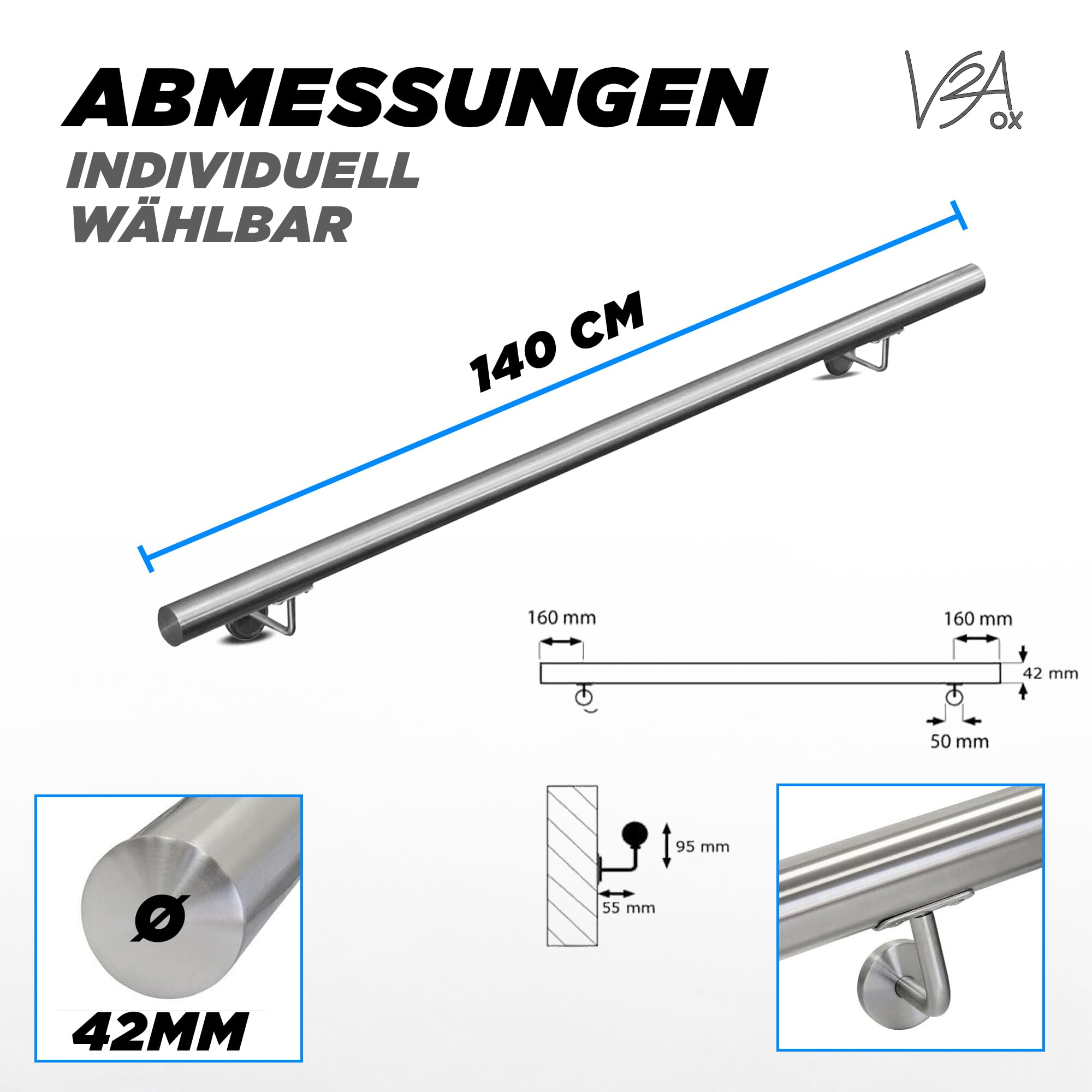 V2Aox Handlauf Treppengeländer aus Edelstahl, Durchmesser: 4,2 cm, Rostfrei & Wetterfest, Inklusive Montagematerial, Halter, Länge: 140 cm