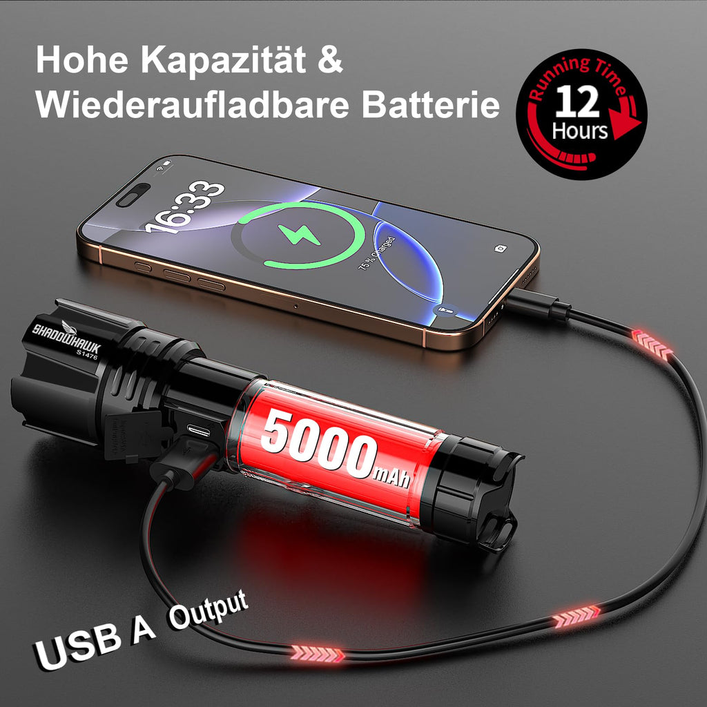 Shadowhawk Taschenlampe Led 500000 Lumen, Extrem Hell Taschenlampe USB Aufladbar Taktische Taschenlampen Mit holster XHP70.2, IP67 Wasserdicht 5 Lichtmodi für Camping Wandern Notfälle