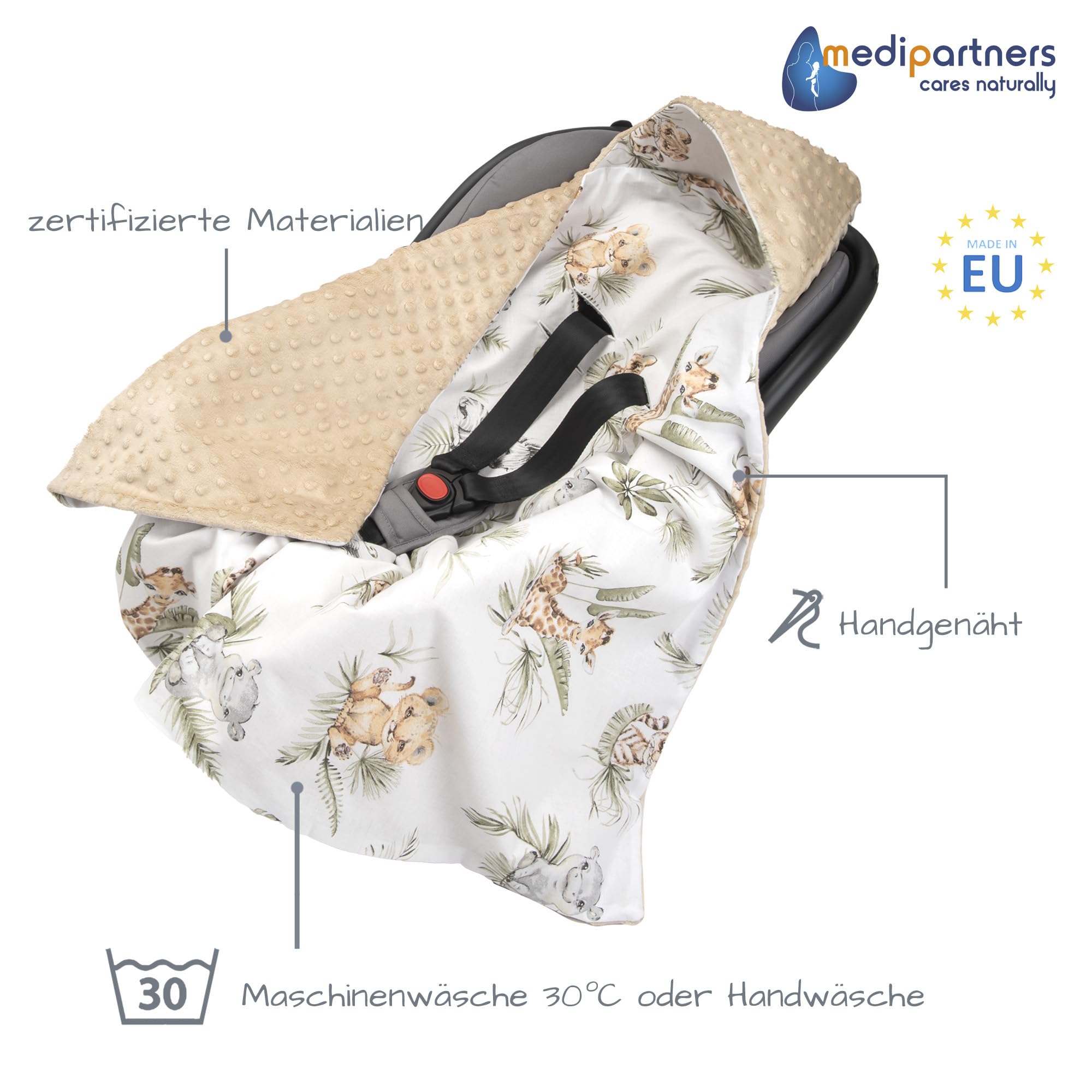 Medi Partners Einschlagdecke Baby Babyschale 100% Baumwolle für Sommer 85x85cm Kinderwagen Kuscheldecke universal Baby Decke Einschlagdecken Babydecke Buggy Autositz (Safari mit beigem Minky)