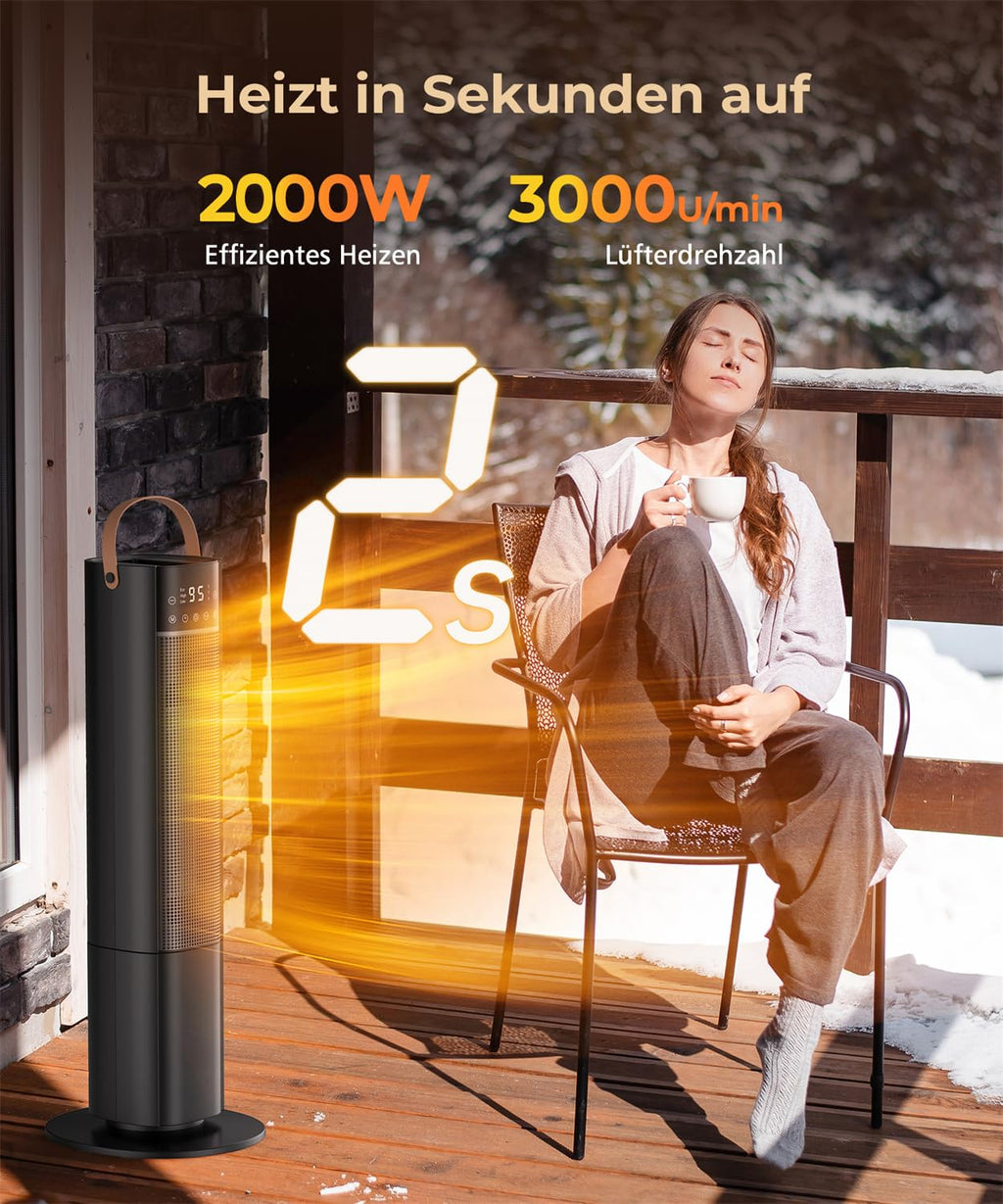 Heizlüfter Energiesparend, 2000W PTC Keramik Heizlüfter, 75° Oszillierend Elektroheizung mit Thermostat, Heizung Elektrisch Leise, 3 Modus, 24-Std-Timer, Überhitzungs- & Kippschutz