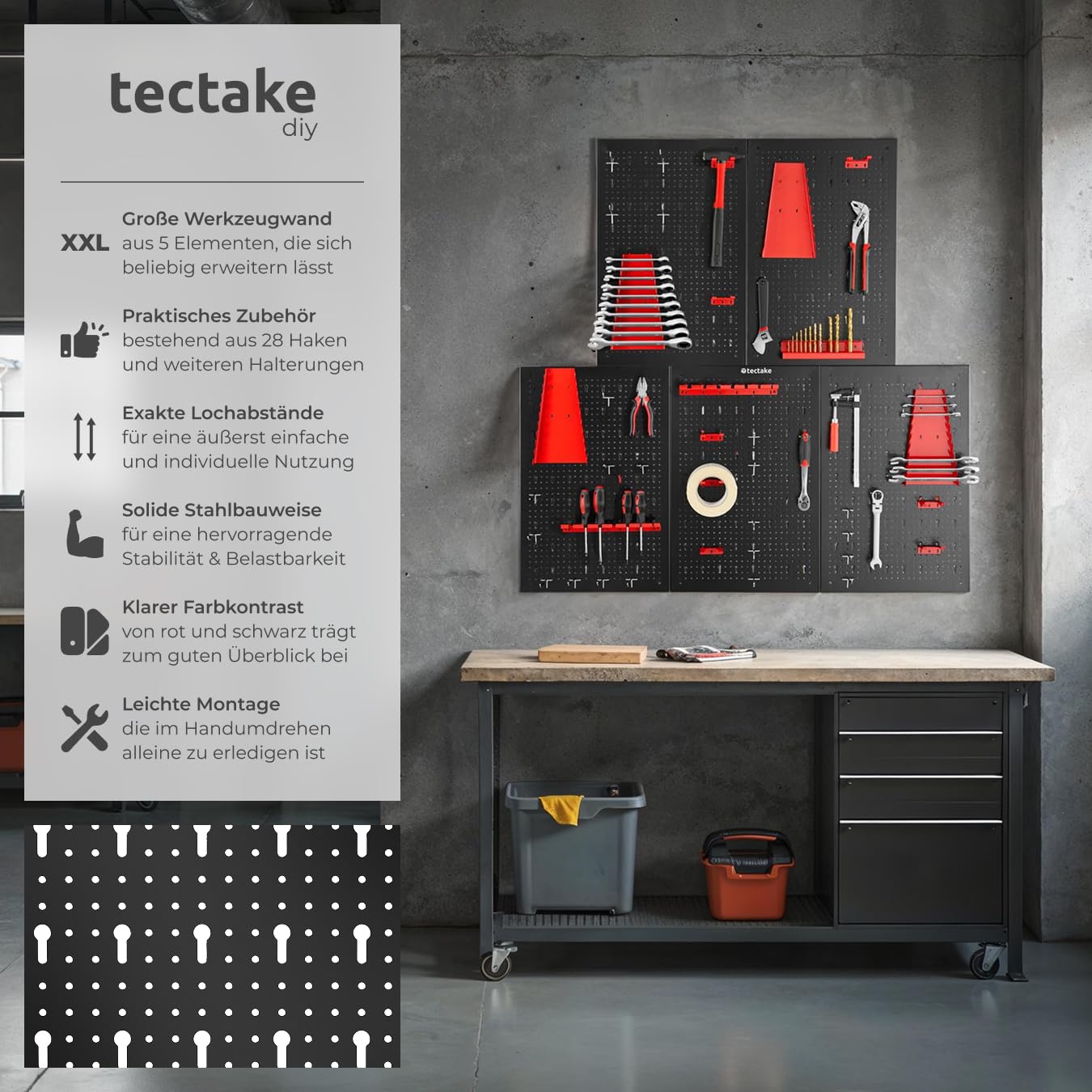 tectake® Werkzeug Lochwand aus Metall, 200 x 60 x 2 cm, Werkzeugwand Lochplatte, inkl. Werkzeughalter Set Haken und Halterungen, Wandregal Regalsystem für Werkbank, Garage, Werkstatteinrichtung - 5tlg