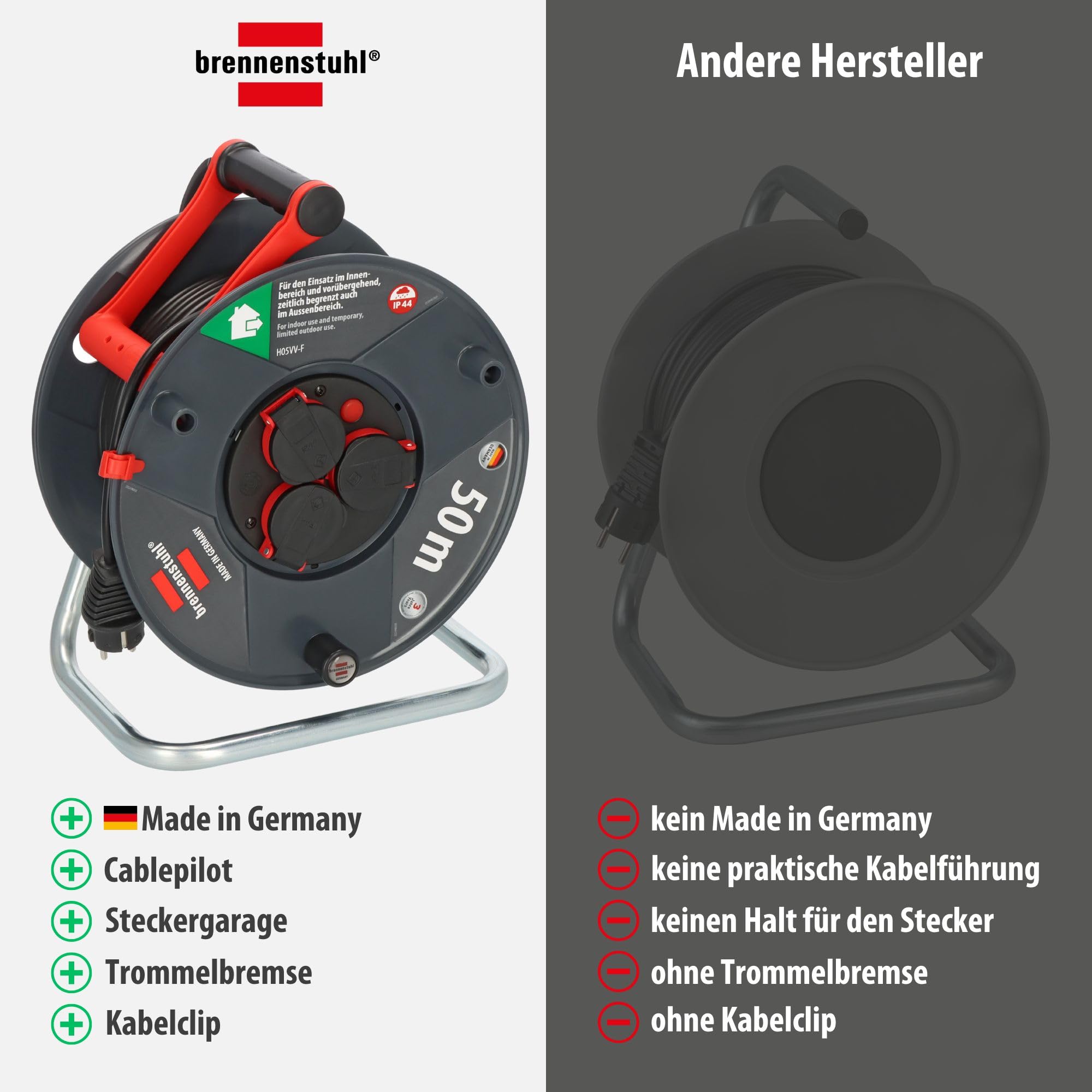 Brennenstuhl Garant V2 IP44 Kabeltrommel 50m outdoor (Made in Germany, 3 Schutzkontakt-Steckdosen, Spezialkunststoff)