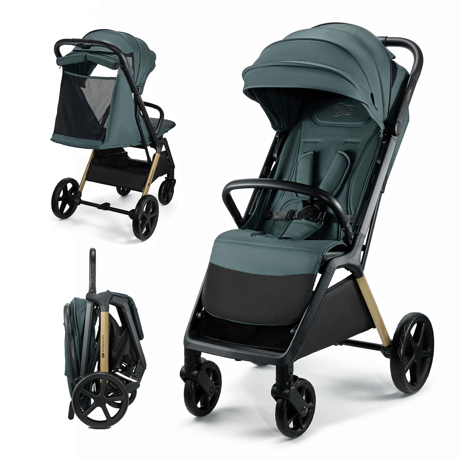 Kinderkraft LOOM Kompakter und leichter Buggy, automatisches Zusammenklappen, große pannensichere Räder, verstellbare Rückenlehne, ab Geburt bis 22 kg, Grün
