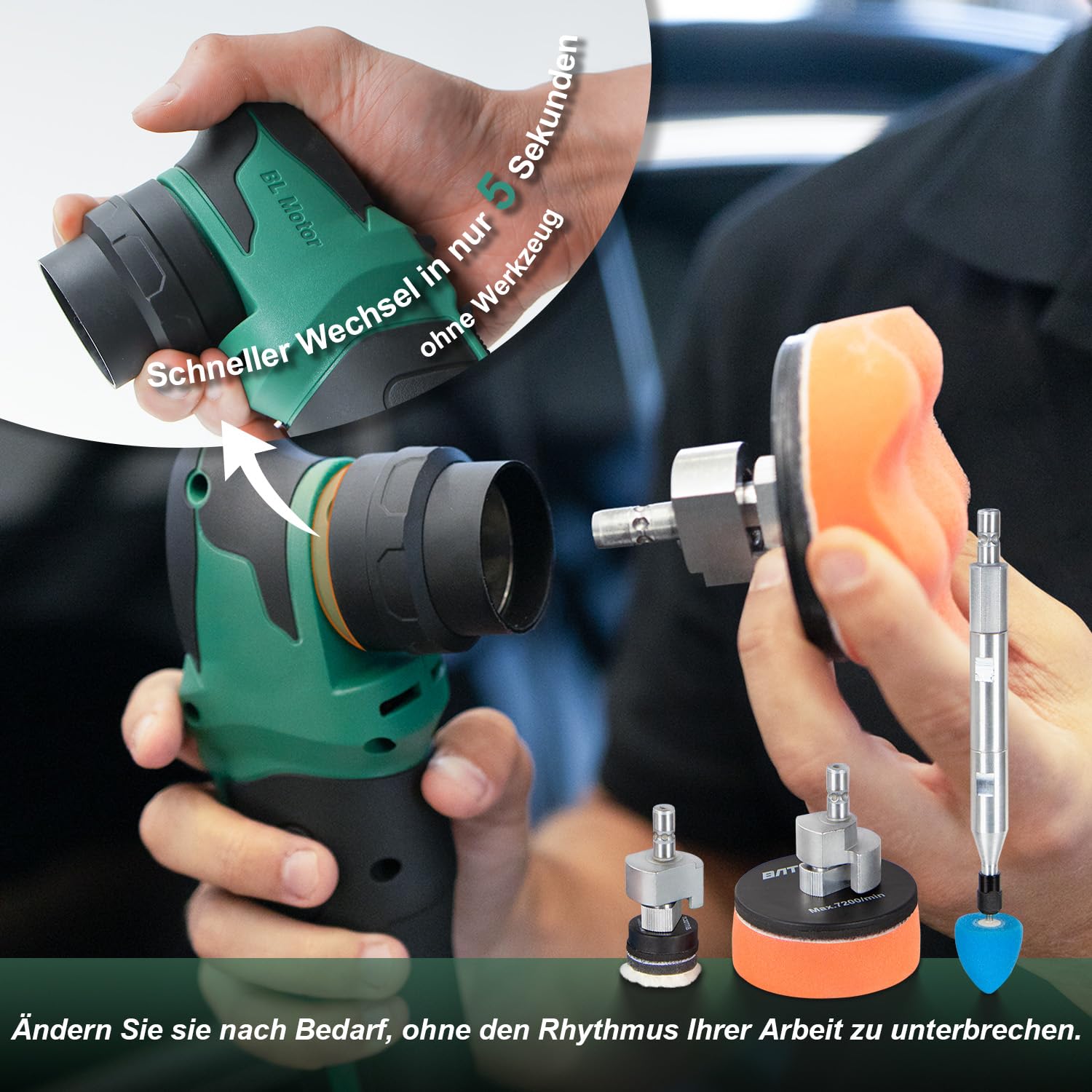 BATOCA S4 Profi Akku Mini Poliermaschine,Rotations&Orbital Polieren,25mm/75mm Rückenplatte,Bürstenloser Motor,Auto Polier Kit für Details,2 12V 2.5Ah Batterien,4 Geschwindigkeiten 2000-5500RPM