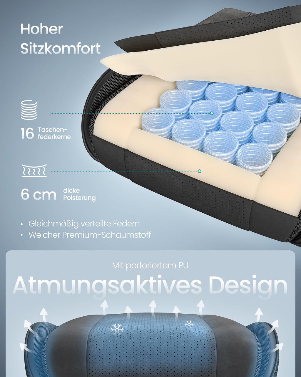 SONGMICS Gaming-Stuhl, Bürostuhl, Schreibtischstuhl, ergonomischer Gaming-Sessel, Sitzkissen mit Federn, Fußstütze, Armlehnen mit Synchronmechanik, tintenschwarz OBG079B01