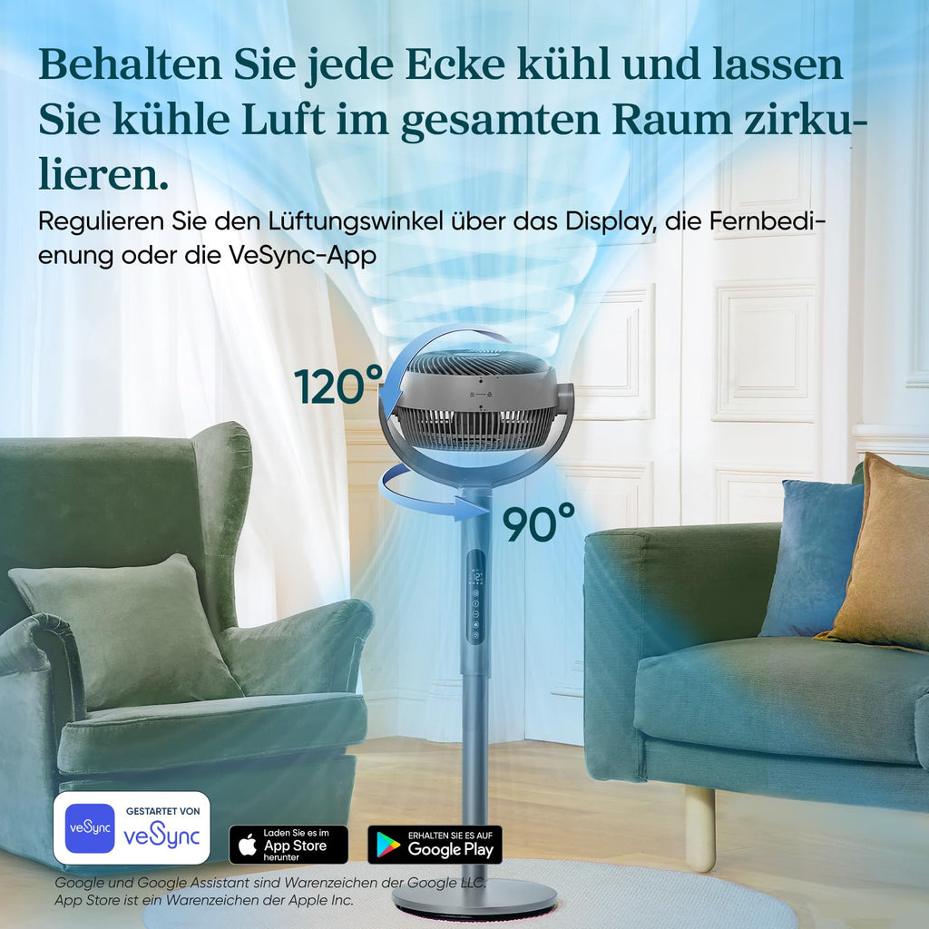 Levoit 20dB Standventilator sehr leise mit intelligenter Steuerung via APP & Alexa, DC Motor mit 30m Wurfweite, Ventilator mit Kühlung, Fan mit Fernbedienung, 4 Modi 12 Stufen 12 Std Timer