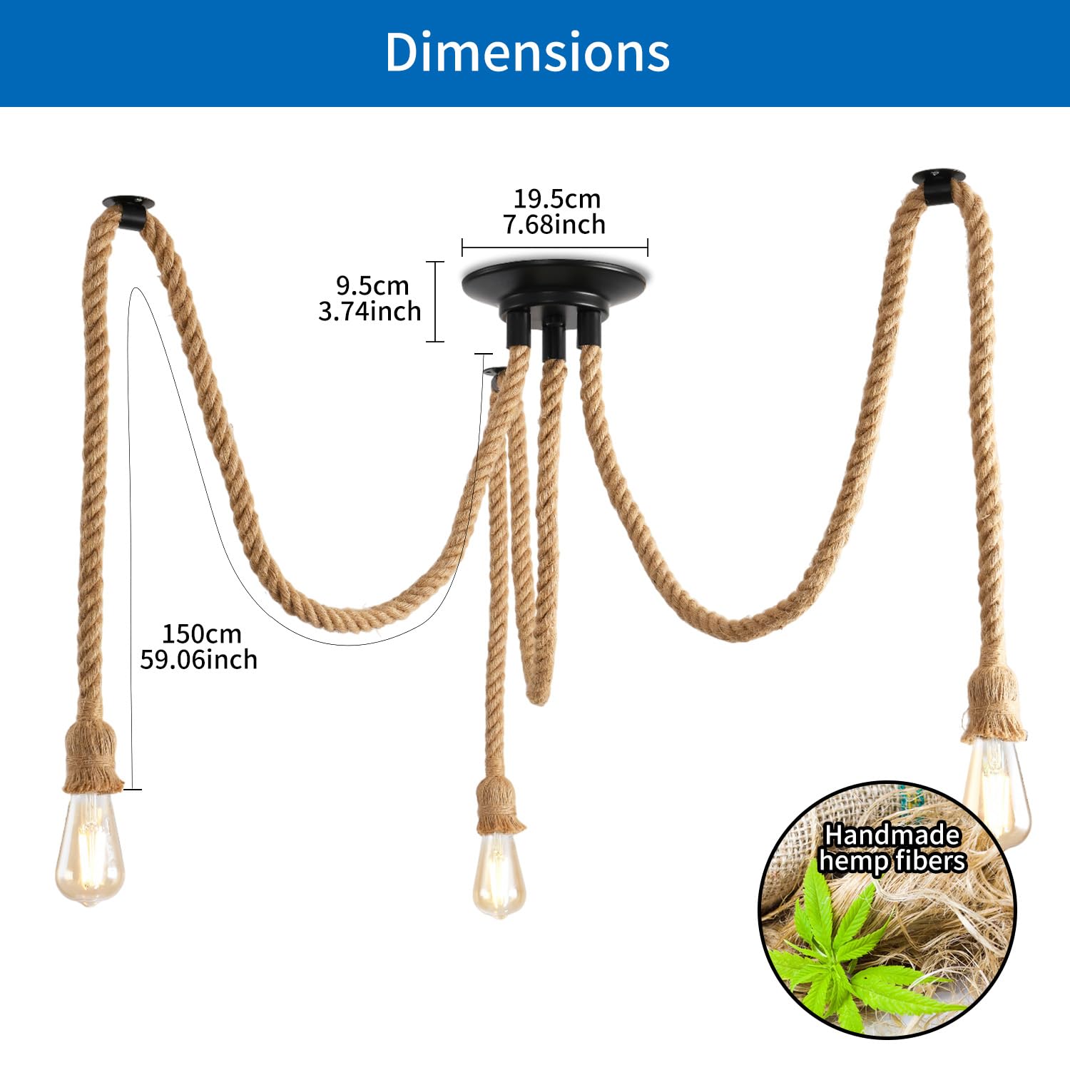 ANWIO Deckenlampe mit Hanfseil Kronleuchter, Vintage Industrielles Spinne Deckenleuchte E27, Hängelampe Hanfseil Pendellampe 3 Flammig für Wohnzimmer, Restaurant Halle, Stab, Café, Ohne Leuchtmitttel