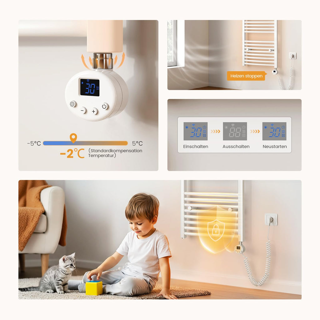 EMKE WiFi Badheizkörper Elektrisch 750x600 mm - Gebogen Handtuchheizkörper Elektrisch, Elektrischer Handtuchwärmer Handtuchtrockner Handtuch Heizkörper Bad mit Thermostat und Heizstab - 300W, Weiß