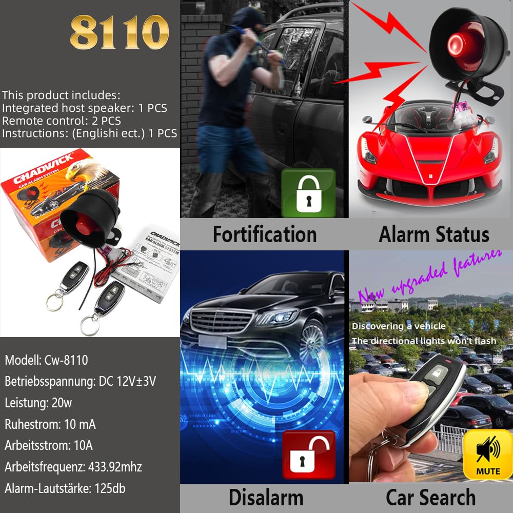 TOTMOX Alarmanlage Auto, Autoalarmanlage Mit Fernbedienung, Universal 12V Alarmlautsprecher Sicherheitsschutzsystem Auto Alarmanlagen, alarmanlage für Camper