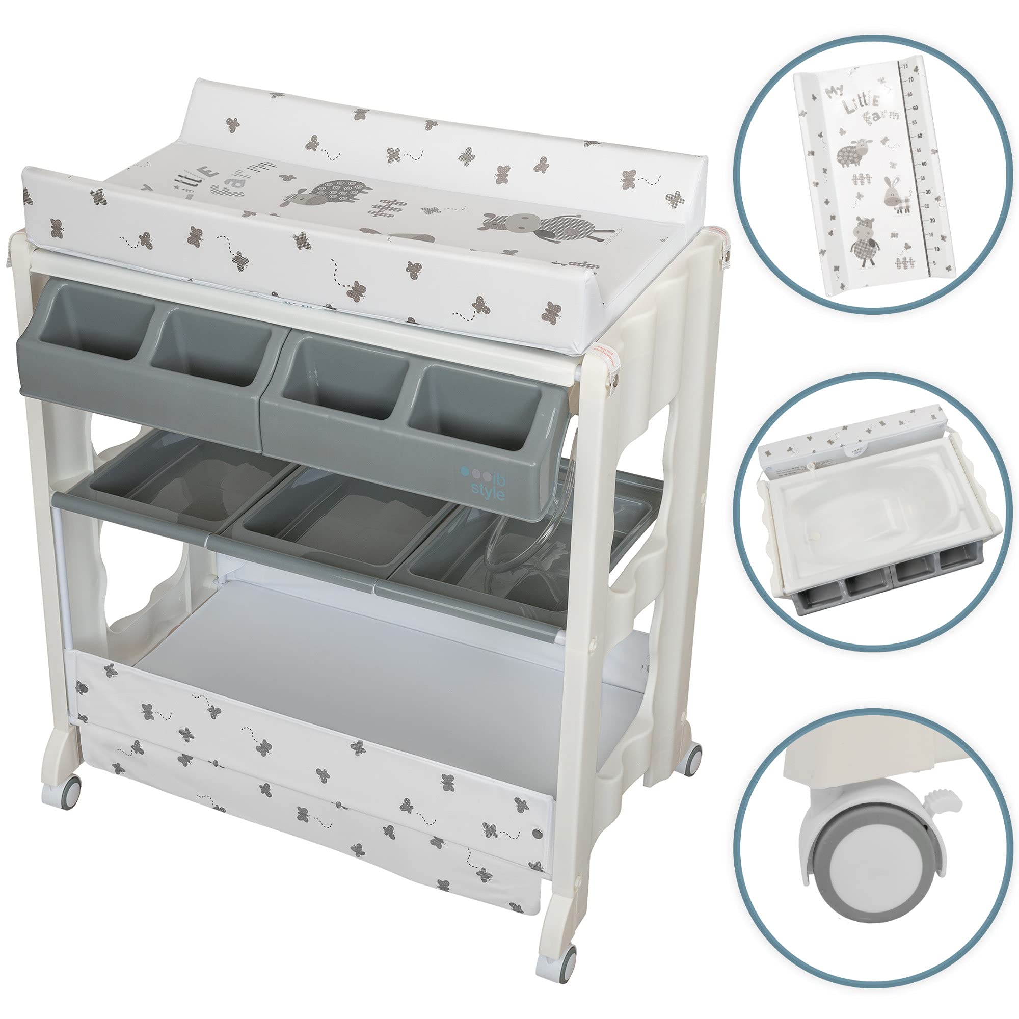 ib style ISA 2-in-1 Wickeltisch mit Badewanne, mobile Wickelkombination, rollbar, große Aufbewahrungsfläche, Wickelkommode für Babys Kleinkinder, My Little Farm Grau