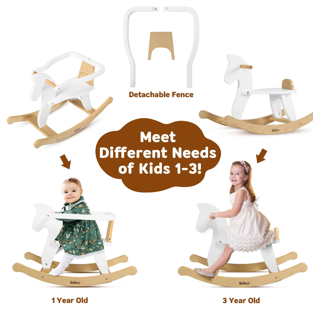 Belleur Schaukelpferd ab 1 Jahr, Schaukeltier Massivholz für Babys und Kleinkinder, Schaukelstuhl Holz Pferd, Pferd Zum Reiten für Kinder, Schaukeltier für Kinder - Weiß
