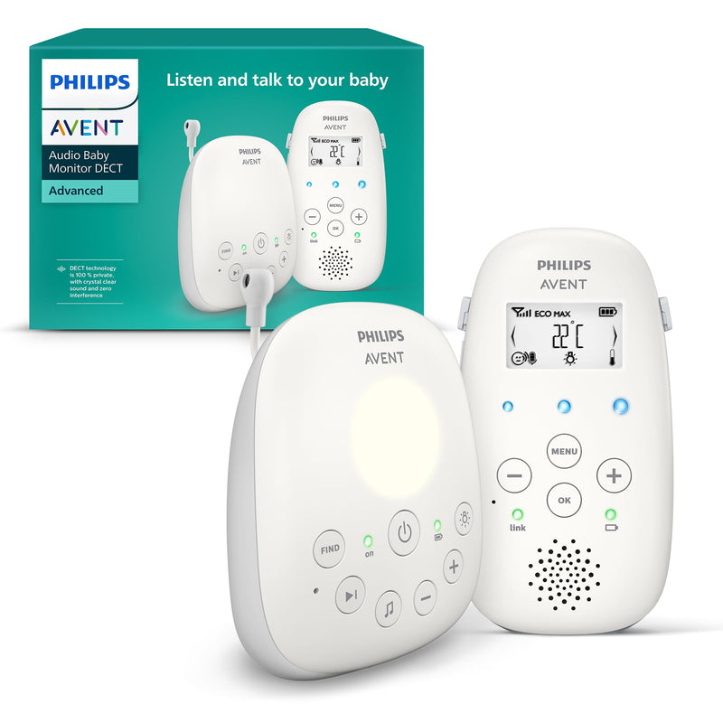 Philips ‎AVENT Audio Babyphone DECT-Technologie, Eco-Mode, Gegensprechfunktion, Schlaf- und Nachtlieder, Temperatursensor, maximale Reichweite, weiß (Modell SCD713/26)