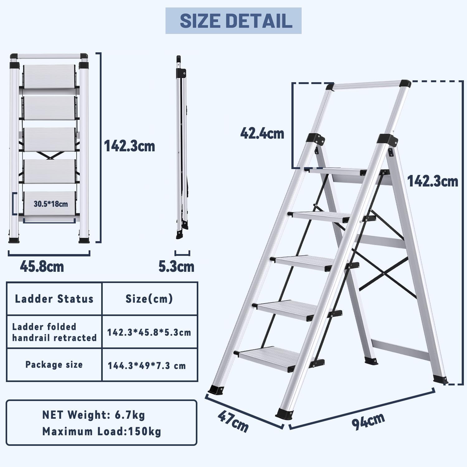 XinSunho Stufenleiter, Trittleiter 5 Stufen klappbar, Leiter Aluminium mit Ablageschale und Handlauf, Tragbare Stehleiter für Haus und Büro, Klappleiter Belastbar bis 150 kg