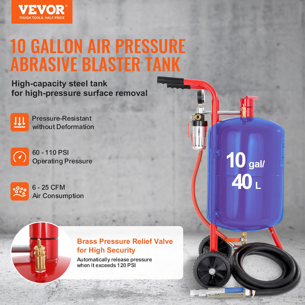 VEVOR Sandstrahlen, 40 L Sandstrahlmaschine, 60-125 PSI Mobiler Sandstrahler mit Zubehör, 2,4 mm, 2,7 mm, 3,2 mm, 3,6 mm Keramikdüsen Sandstrahlerrohr, 2,5 m Schlauchlänge Siphon-Schleifeinheiten